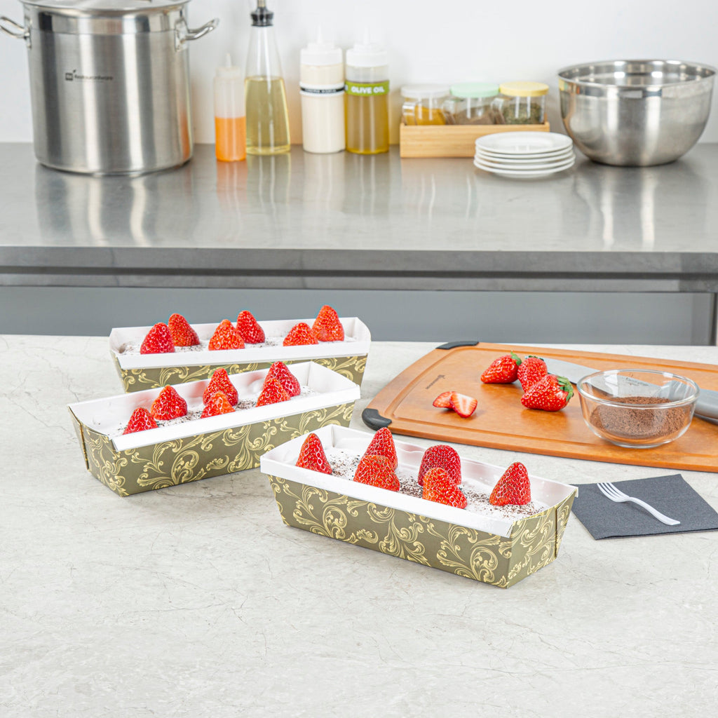 Bake Tek 42 oz Dark Green Vintage Floral Paper Baking Loaf Pan - Greaseproof - 10" x 3 1/2" x 2 1/2" - 100 count box