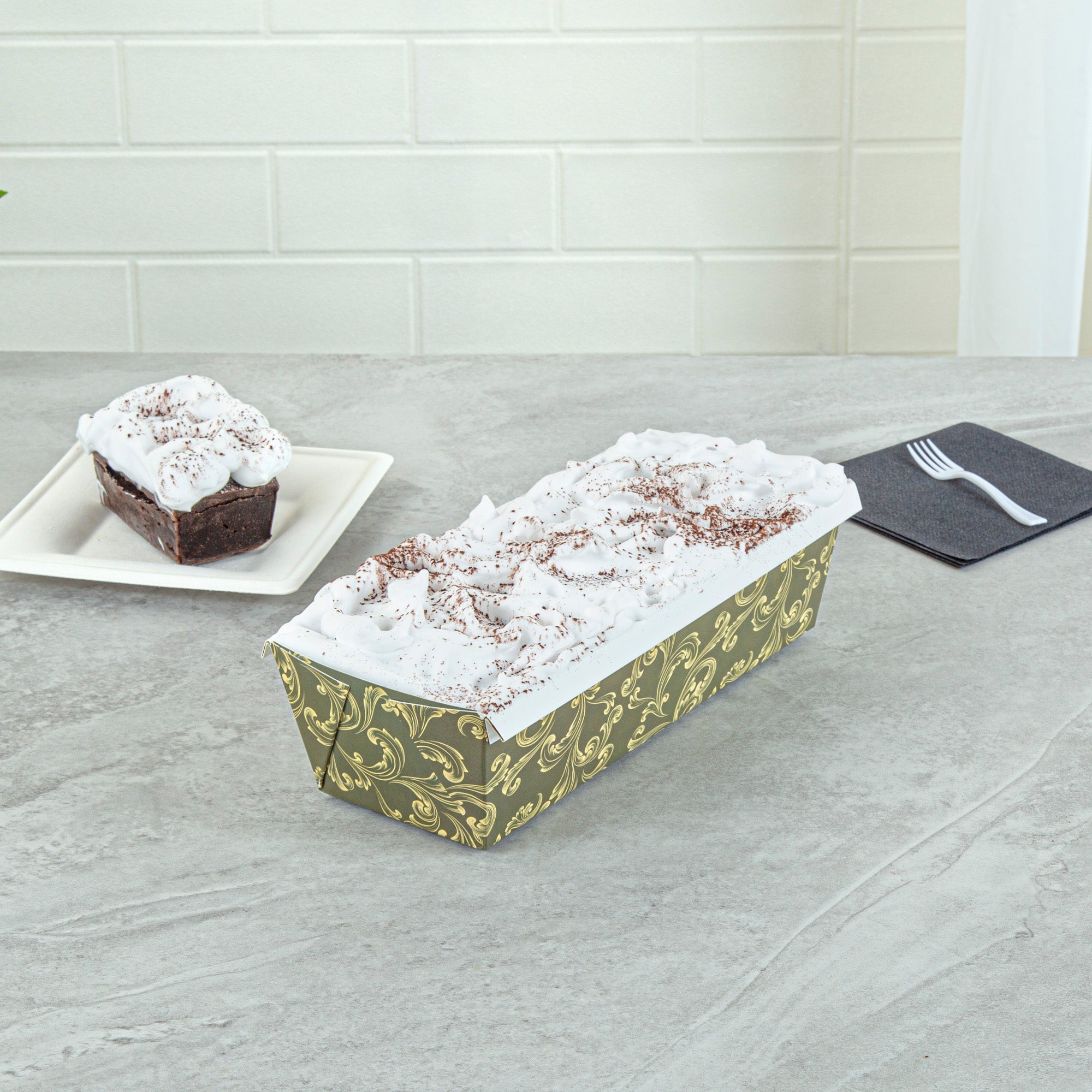Bake Tek 54 oz Dark Green Vintage Floral Paper Baking Loaf Pan - Greaseproof - 10 1/4" x 4" x 2 3/4" - 100 count box
