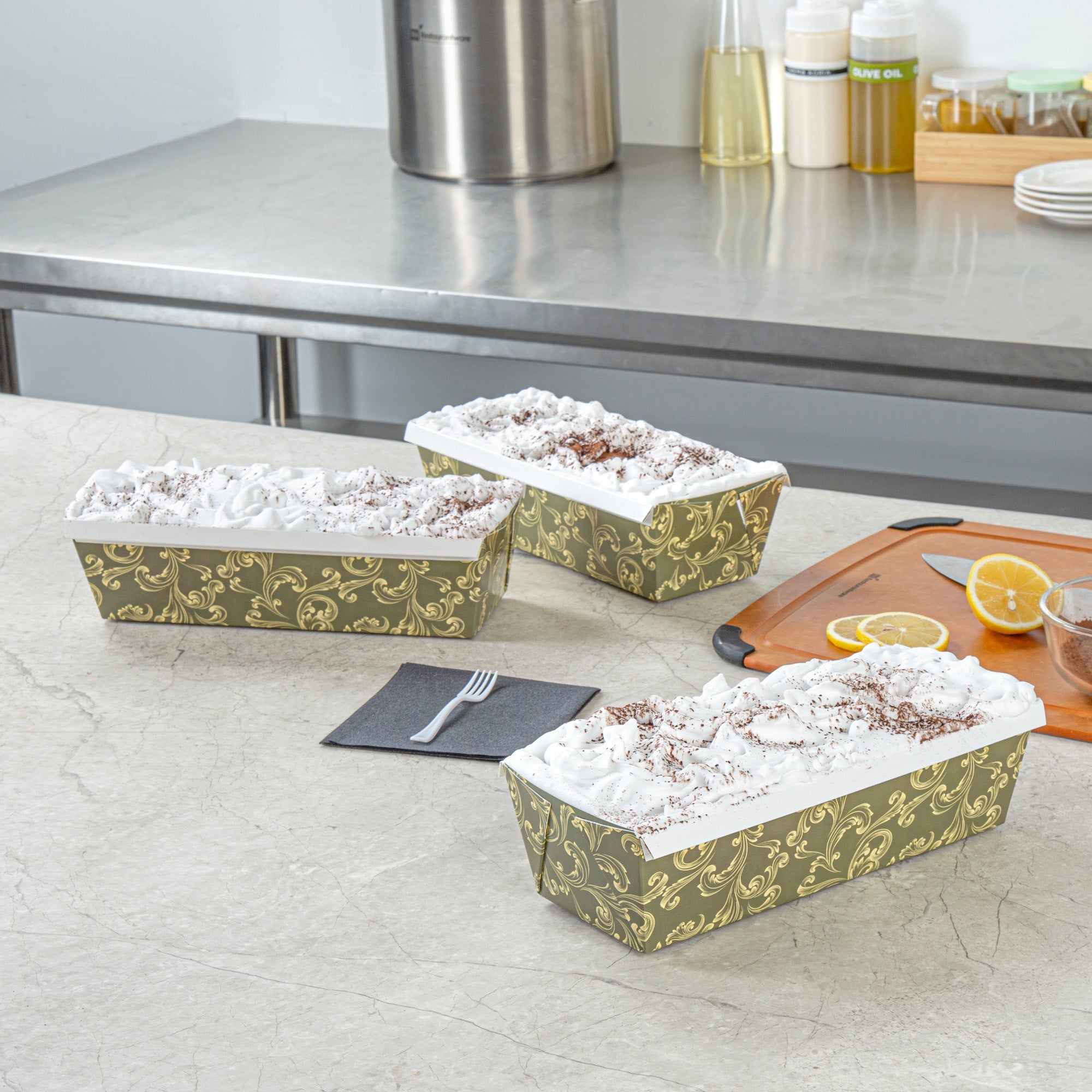 Bake Tek 54 oz Dark Green Vintage Floral Paper Baking Loaf Pan - Greaseproof - 10 1/4" x 4" x 2 3/4" - 100 count box