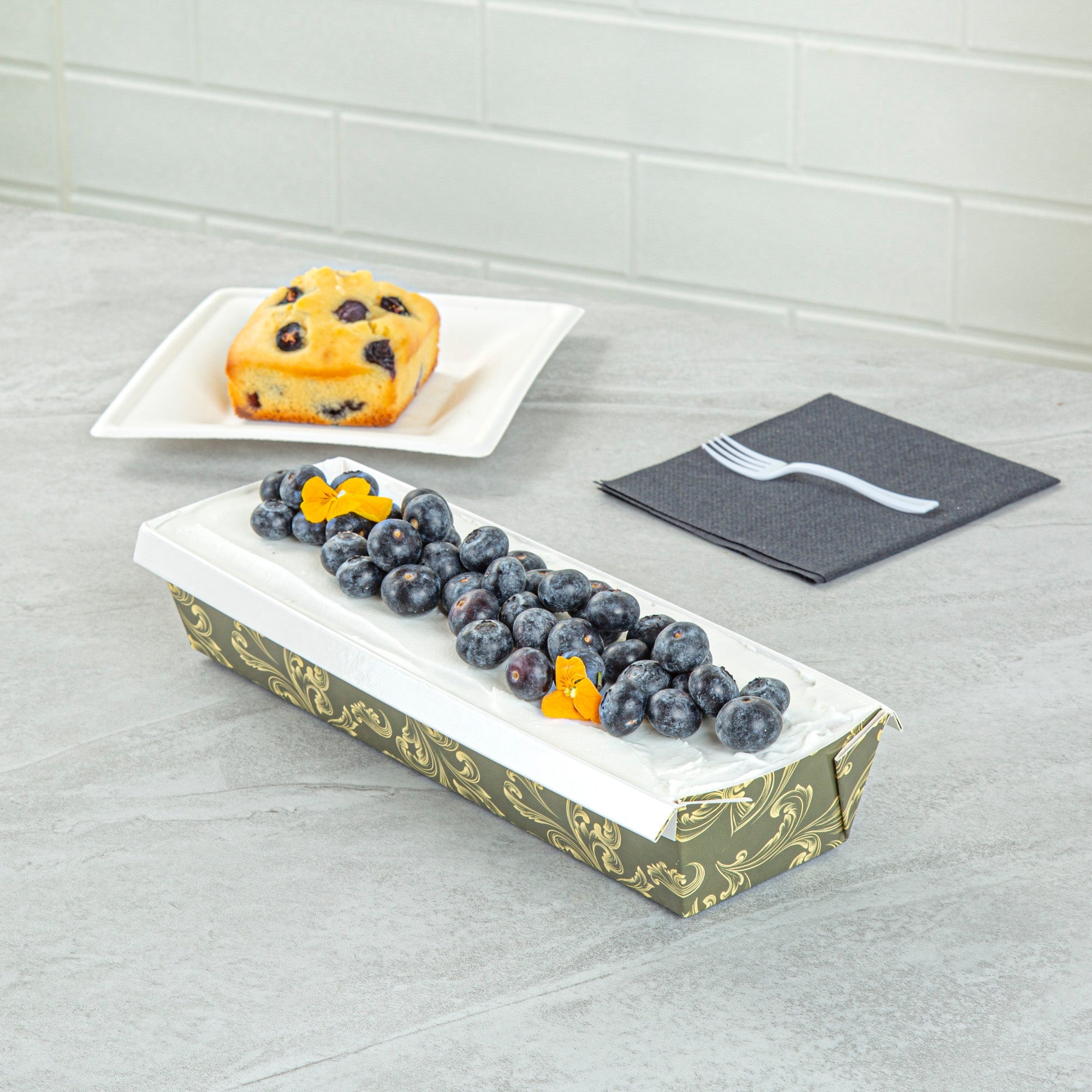 Bake Tek 32 oz Dark Green Vintage Floral Paper Baking Loaf Pan - Greaseproof - 11" x 3 1/4" x 2" - 100 count box