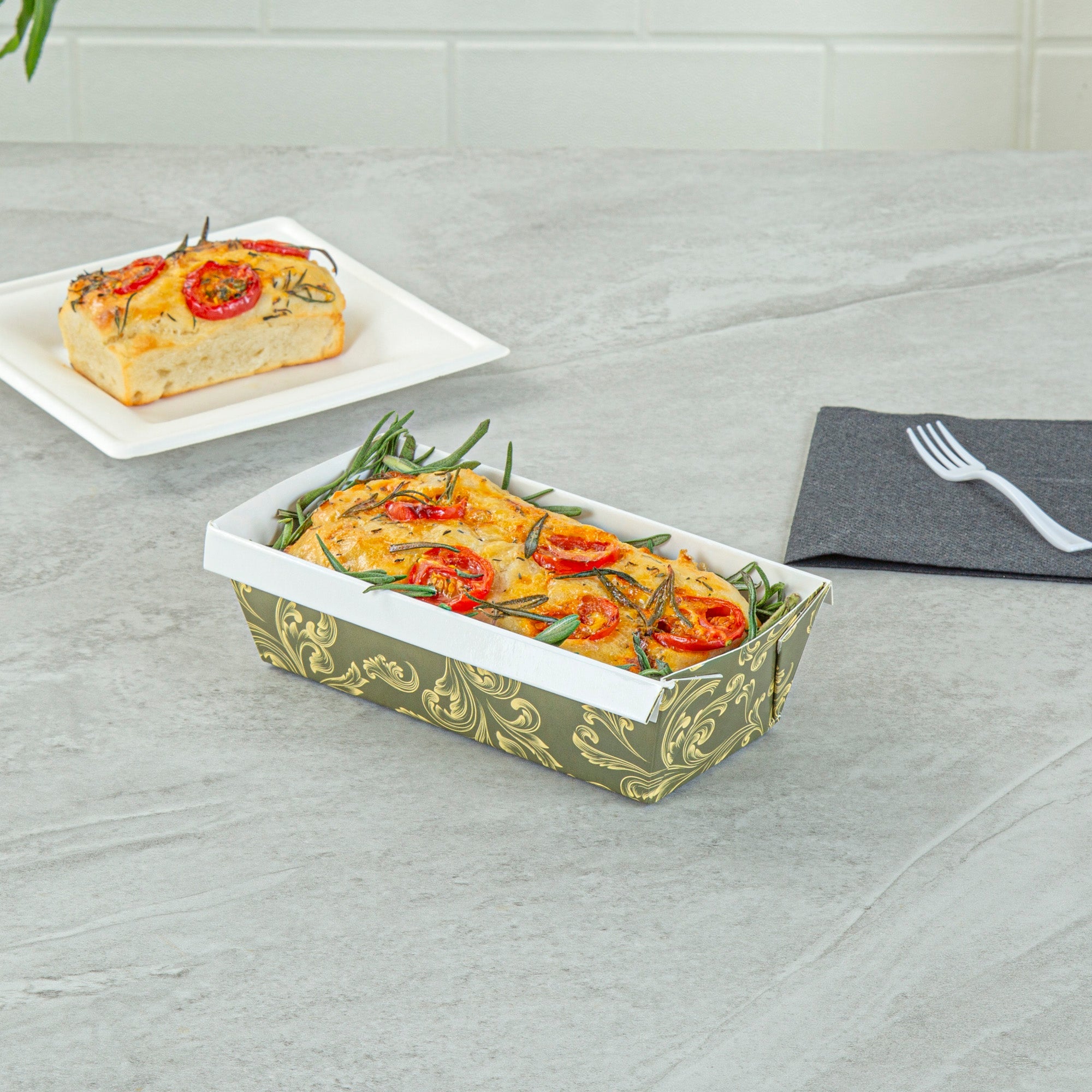 Bake Tek 13 oz Dark Green Vintage Floral Paper Baking Loaf Pan - Greaseproof - 7" x 3 1/4" x 2" - 100 count box