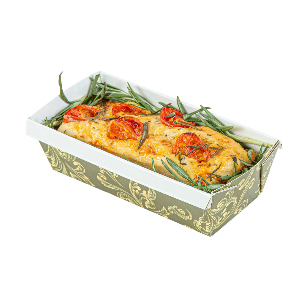 Bake Tek 13 oz Dark Green Vintage Floral Paper Baking Loaf Pan - Greaseproof - 7" x 3 1/4" x 2" - 100 count box