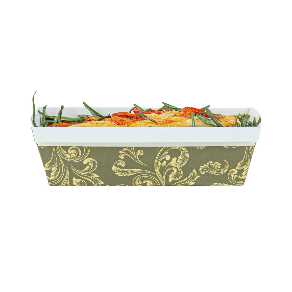 Bake Tek 13 oz Dark Green Vintage Floral Paper Baking Loaf Pan - Greaseproof - 7" x 3 1/4" x 2" - 100 count box