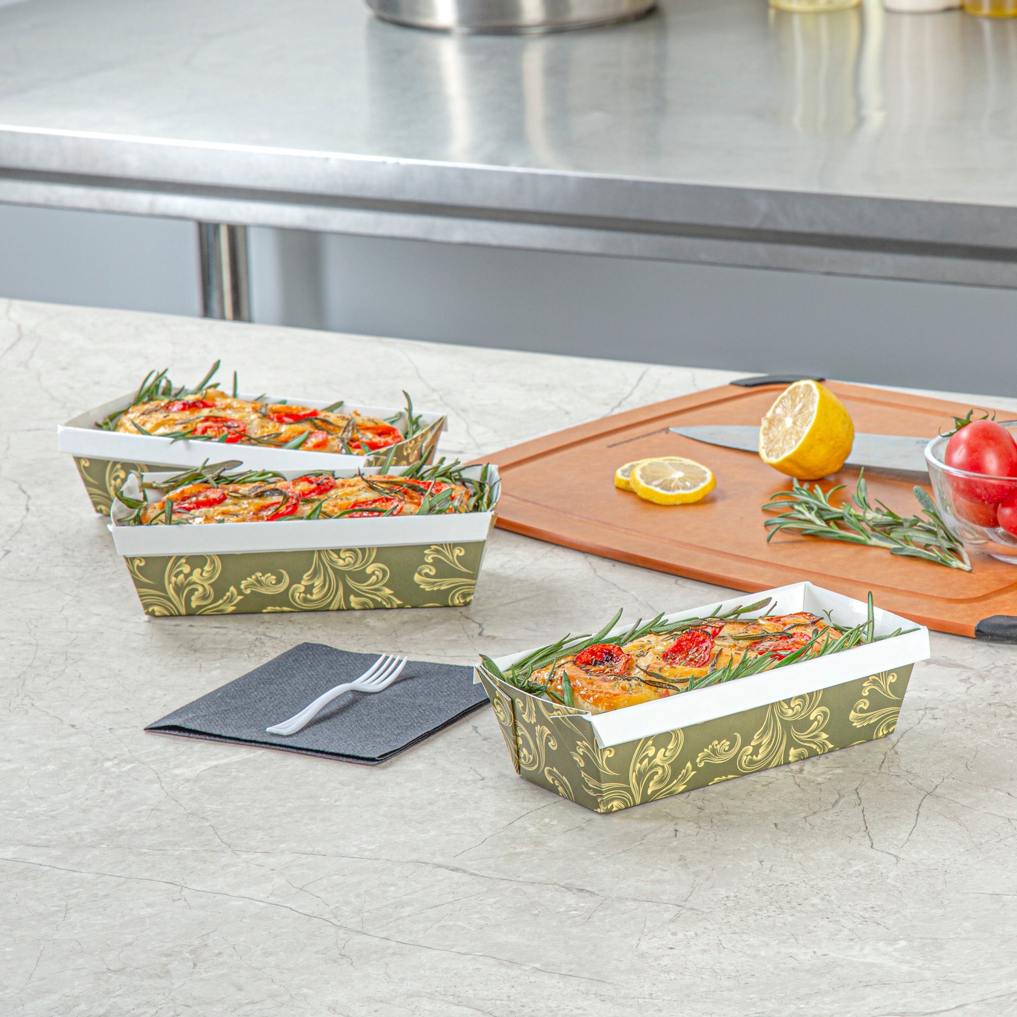 Bake Tek 13 oz Dark Green Vintage Floral Paper Baking Loaf Pan - Greaseproof - 7" x 3 1/4" x 2" - 100 count box