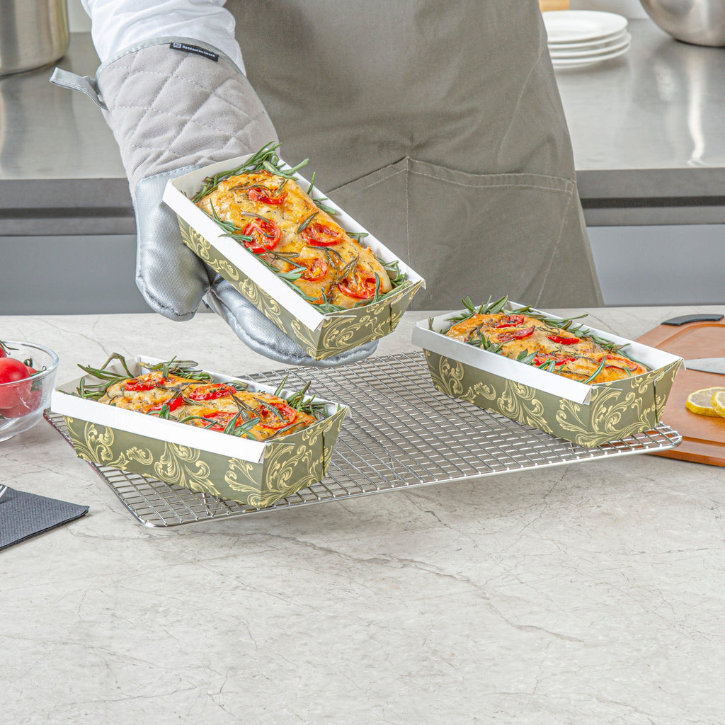 Bake Tek 13 oz Dark Green Vintage Floral Paper Baking Loaf Pan - Greaseproof - 7" x 3 1/4" x 2" - 100 count box