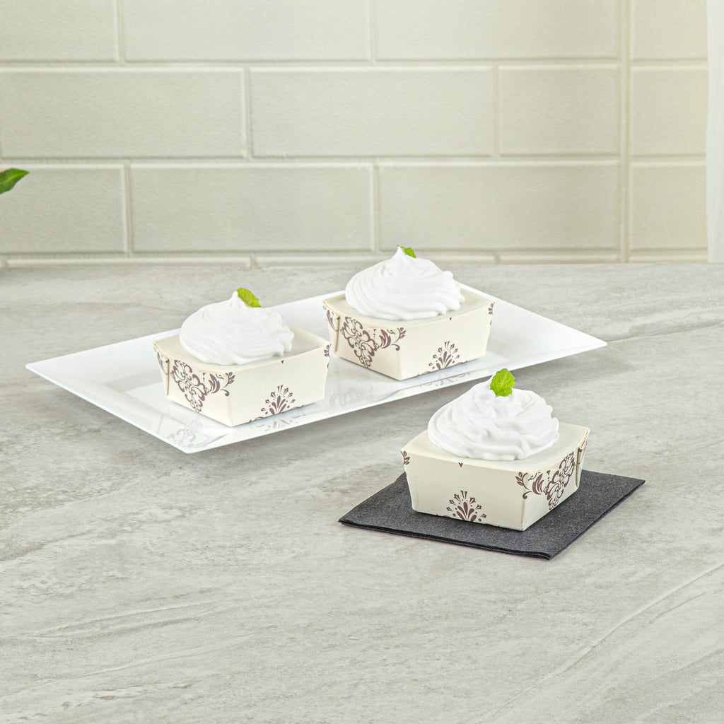 Bake Tek 6 oz Square Vintage Floral Beige Paper Baking Cup - Greaseproof - 3" x 3" x 1 1/2" - 100 count box