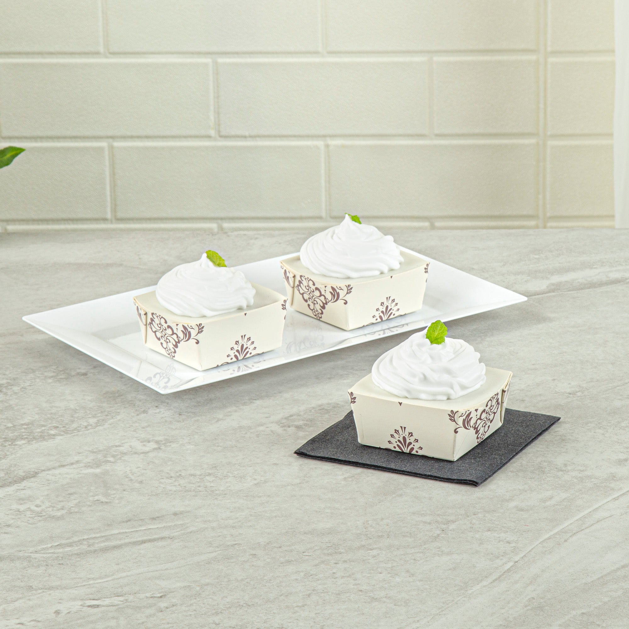 Bake Tek 6 oz Square Vintage Floral Beige Paper Baking Cup - Greaseproof - 3" x 3" x 1 1/2" - 100 count box