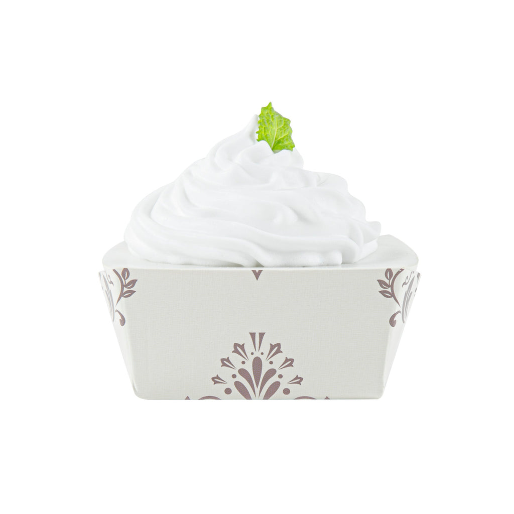 Bake Tek 6 oz Square Vintage Floral Beige Paper Baking Cup - Greaseproof - 3" x 3" x 1 1/2" - 100 count box