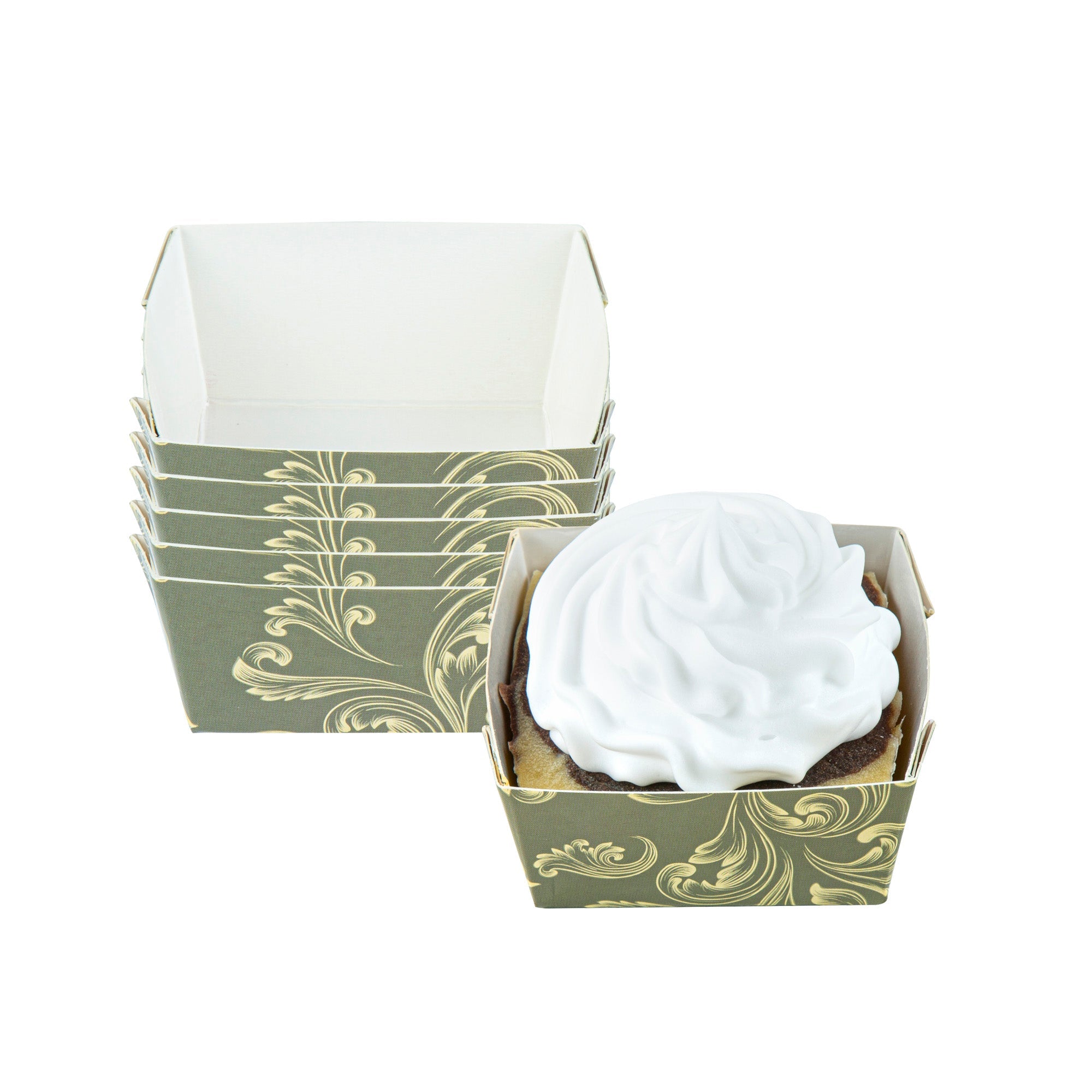 Bake Tek 6 oz Square Dark Green Vintage Floral Paper Baking Cup - Greaseproof - 3" x 3" x 1 1/2" - 100 count box