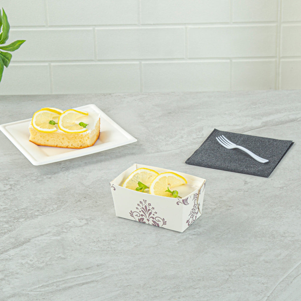 Bake Tek 9 oz Beige Vintage Floral Paper Mini Baking Loaf Pan - Greaseproof - 4" x 2 1/4" x 2" - 100 count box