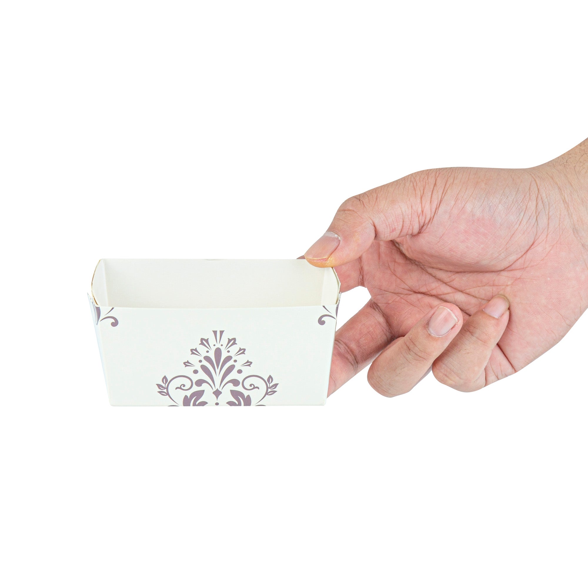 Bake Tek 9 oz Beige Vintage Floral Paper Mini Baking Loaf Pan - Greaseproof - 4" x 2 1/4" x 2" - 100 count box
