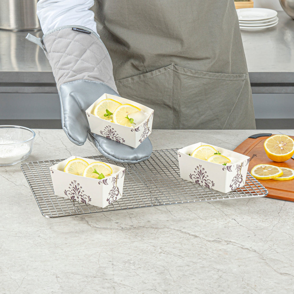 Bake Tek 9 oz Beige Vintage Floral Paper Mini Baking Loaf Pan - Greaseproof - 4" x 2 1/4" x 2" - 100 count box