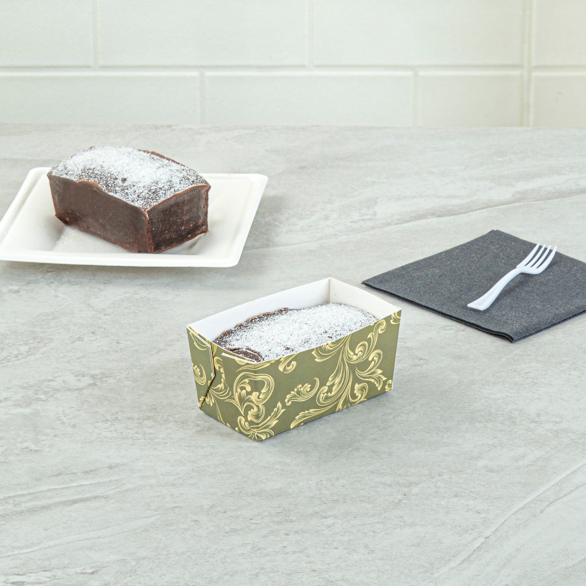 Bake Tek 9 oz Dark Green Vintage Floral Paper Mini Baking Loaf Pan - Greaseproof - 4" x 2 1/4" x 2" - 100 count box