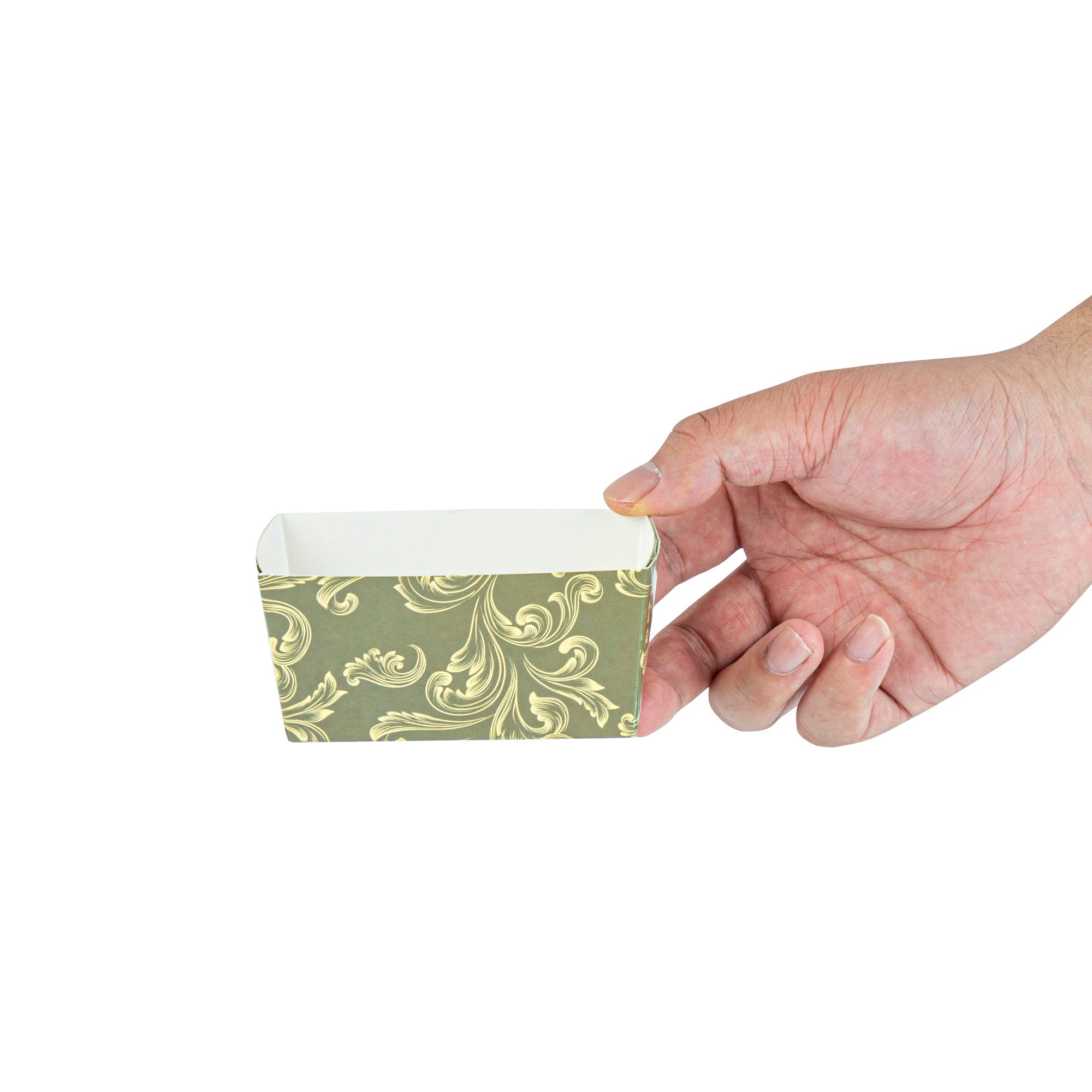 Bake Tek 9 oz Dark Green Vintage Floral Paper Mini Baking Loaf Pan - Greaseproof - 4" x 2 1/4" x 2" - 100 count box