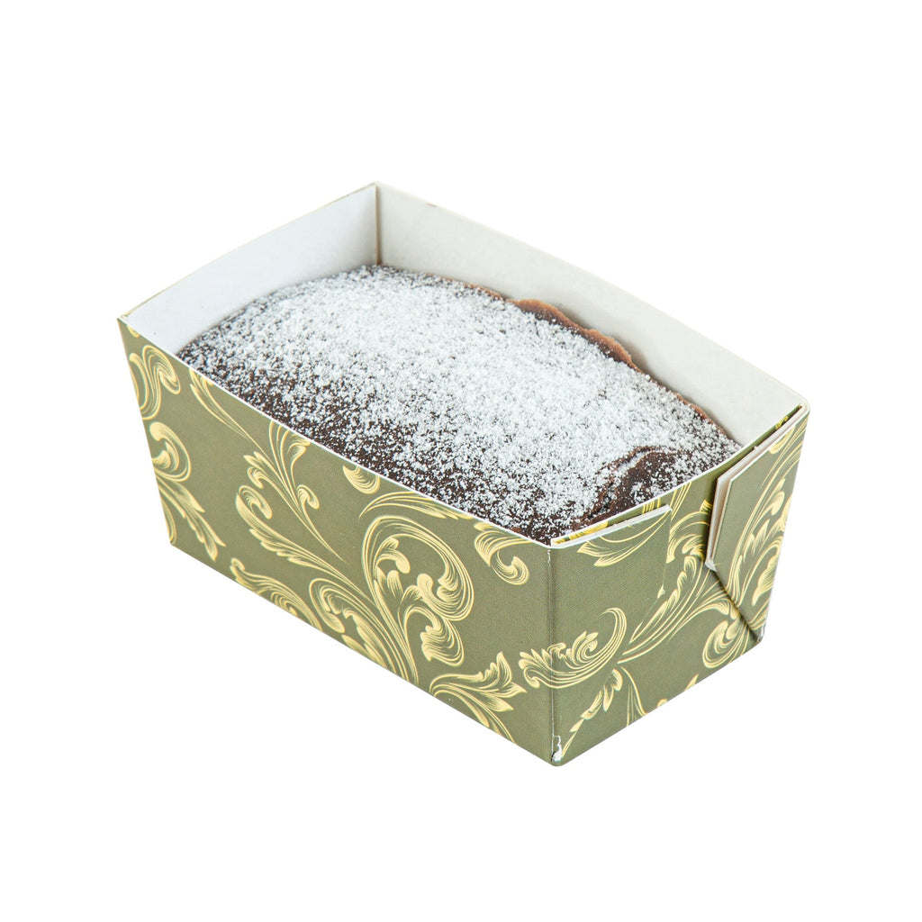 Bake Tek 9 oz Dark Green Vintage Floral Paper Mini Baking Loaf Pan - Greaseproof - 4" x 2 1/4" x 2" - 100 count box
