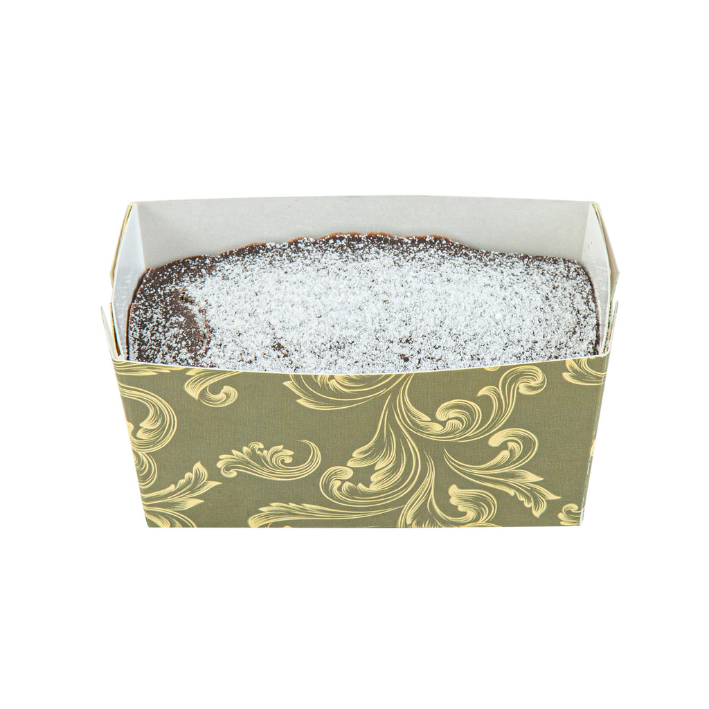Bake Tek 9 oz Dark Green Vintage Floral Paper Mini Baking Loaf Pan - Greaseproof - 4" x 2 1/4" x 2" - 100 count box