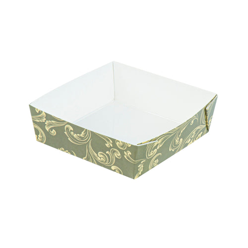 Bake Tek 8 oz Dark Green Vintage Floral Paper Baking Tray - Greaseproof - 4 1/4" x 4 1/4" x 1 1/2" - 100 count box