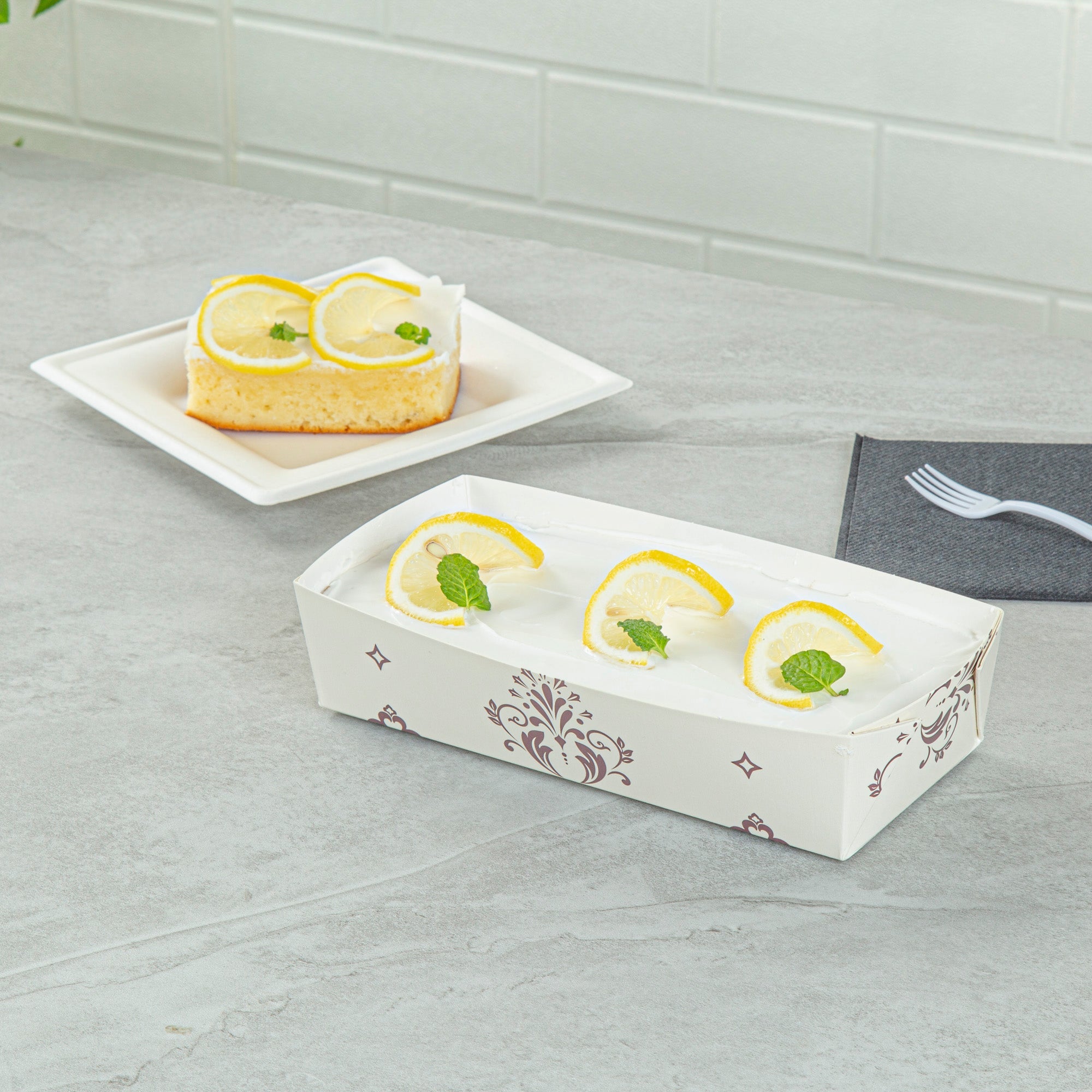 Bake Tek 14 oz Beige Vintage Floral Paper Baking Tray - Greaseproof - 7 3/4" x 3 1/2" x 1 3/4" - 100 count box