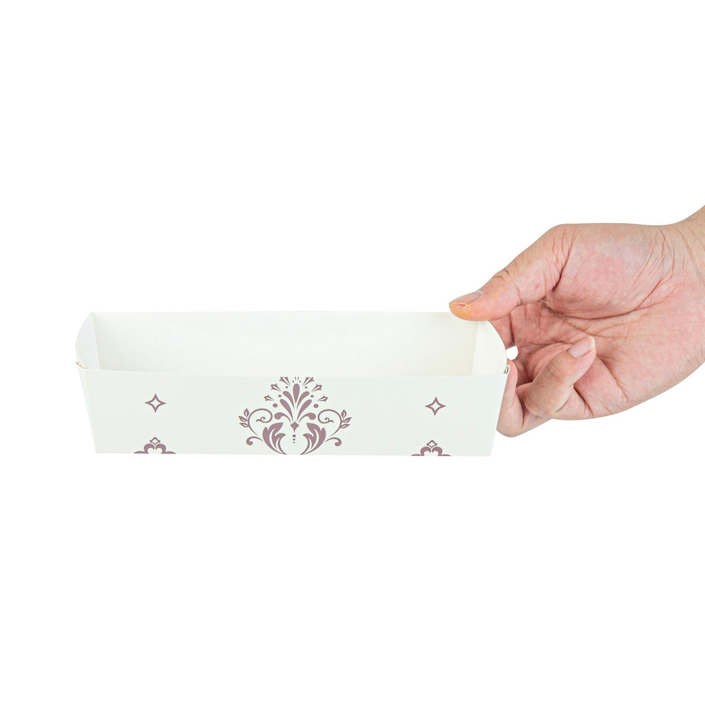Bake Tek 14 oz Beige Vintage Floral Paper Baking Tray - Greaseproof - 7 3/4" x 3 1/2" x 1 3/4" - 100 count box