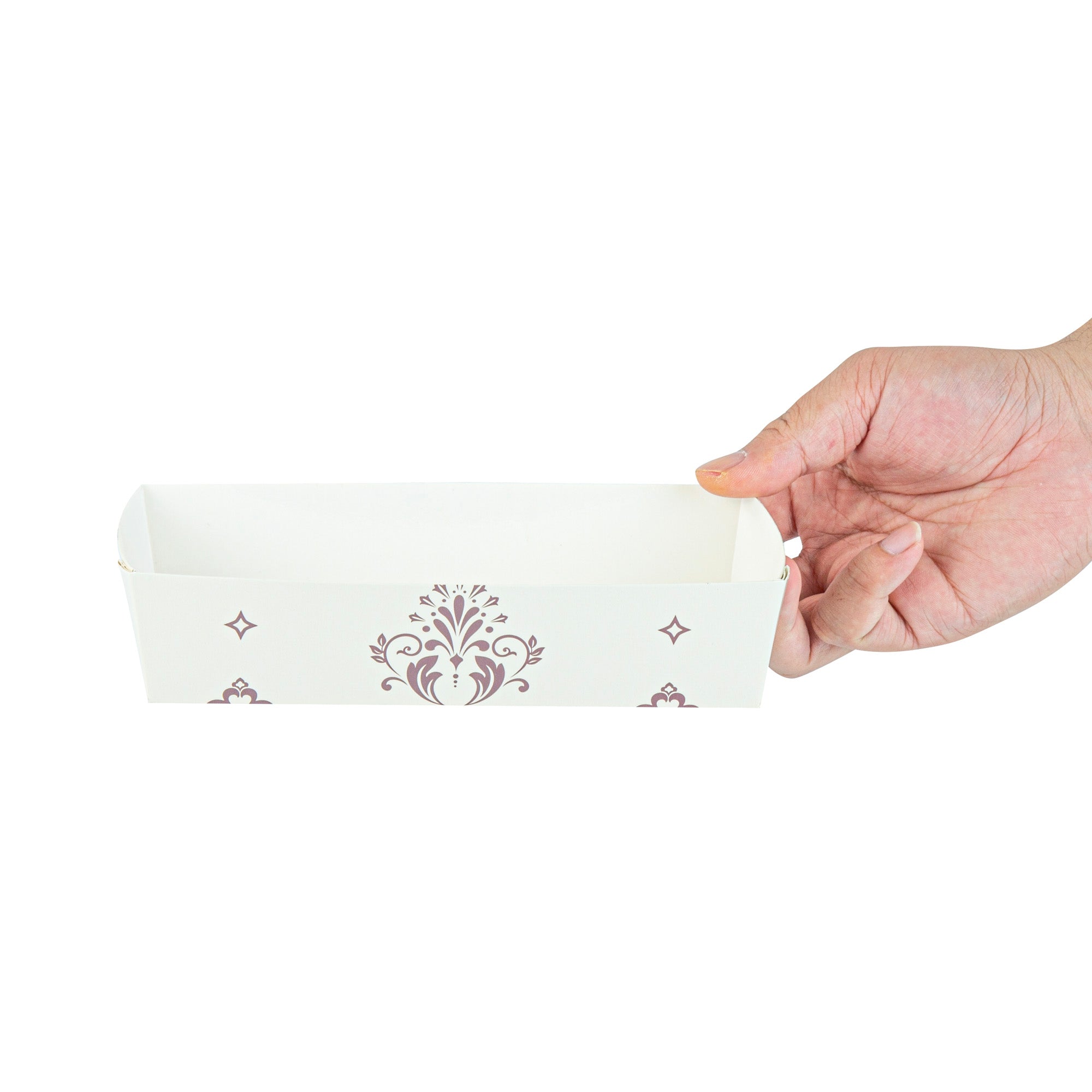 Bake Tek 14 oz Beige Vintage Floral Paper Baking Tray - Greaseproof - 7 3/4" x 3 1/2" x 1 3/4" - 100 count box