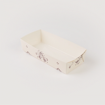 Bake Tek 14 oz Beige Vintage Floral Paper Baking Tray - Greaseproof - 7 3/4" x 3 1/2" x 1 3/4" - 100 count box
