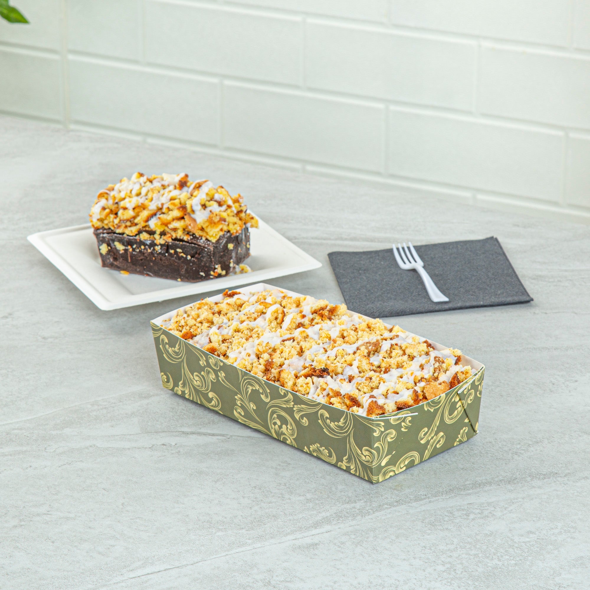 Bake Tek 14 oz Dark Green Vintage Floral Paper Baking Tray - Greaseproof - 7 3/4" x 3 1/2" x 1 3/4" - 100 count box