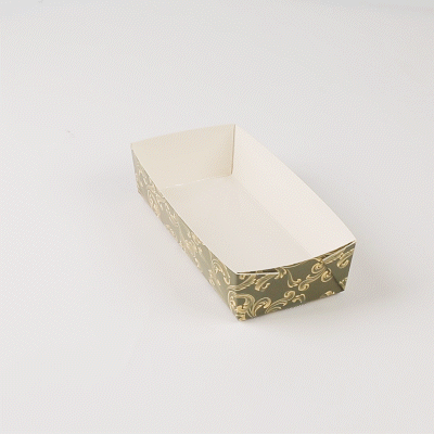 Bake Tek 14 oz Dark Green Vintage Floral Paper Baking Tray - Greaseproof - 7 3/4" x 3 1/2" x 1 3/4" - 100 count box
