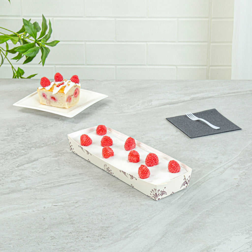 Bake Tek 13 oz Beige Vintage Floral Paper Baking Tray - Greaseproof - 10 3/4" x 3 1/4" x 1 1/2" - 100 count box