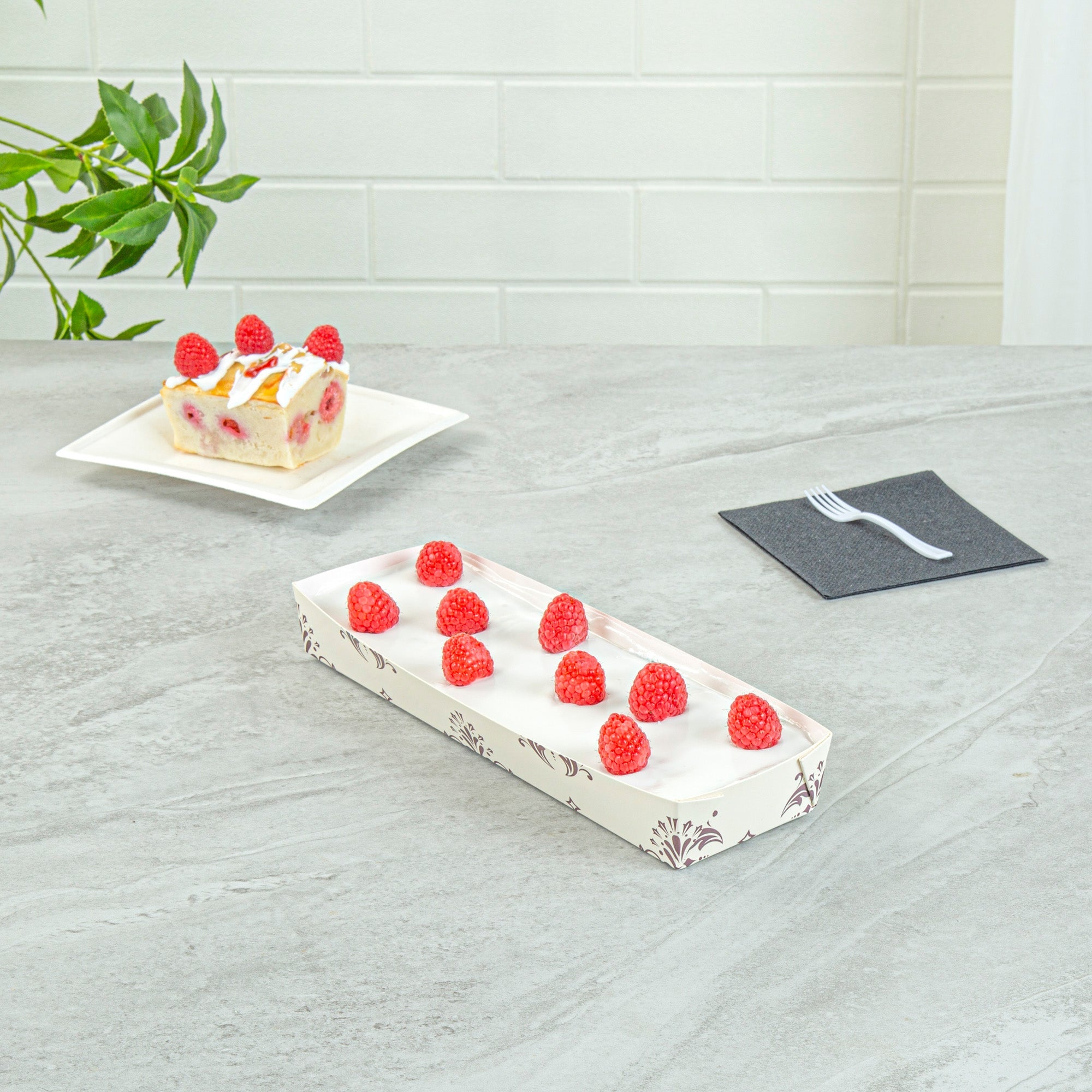 Bake Tek 13 oz Beige Vintage Floral Paper Baking Tray - Greaseproof - 10 3/4" x 3 1/4" x 1 1/2" - 100 count box