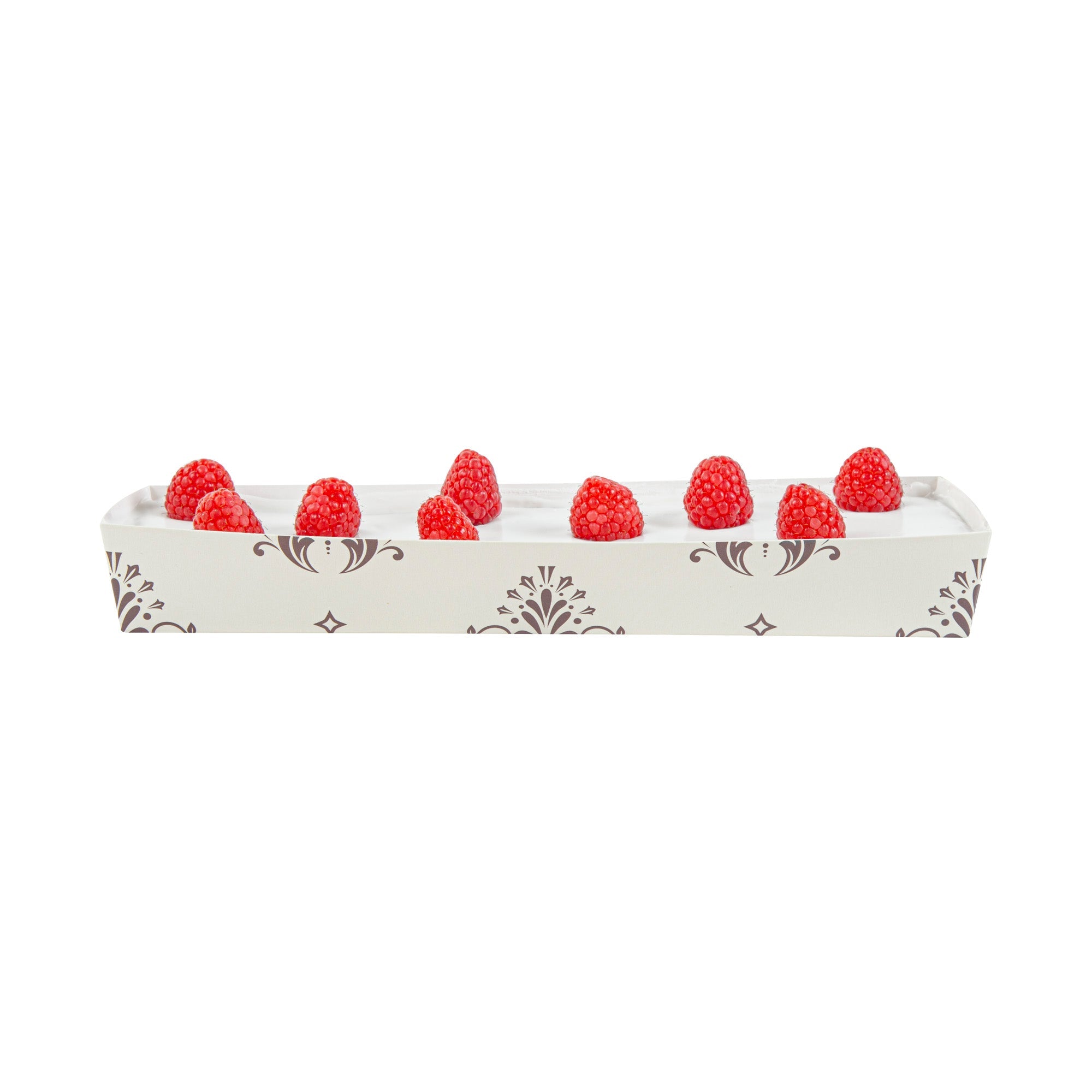 Bake Tek 13 oz Beige Vintage Floral Paper Baking Tray - Greaseproof - 10 3/4" x 3 1/4" x 1 1/2" - 100 count box