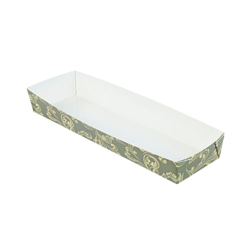 Bake Tek 13 oz Dark Green Vintage Floral Paper Baking Tray - Greaseproof - 10 3/4" x 3 1/4" x 1 1/2" - 100 count box