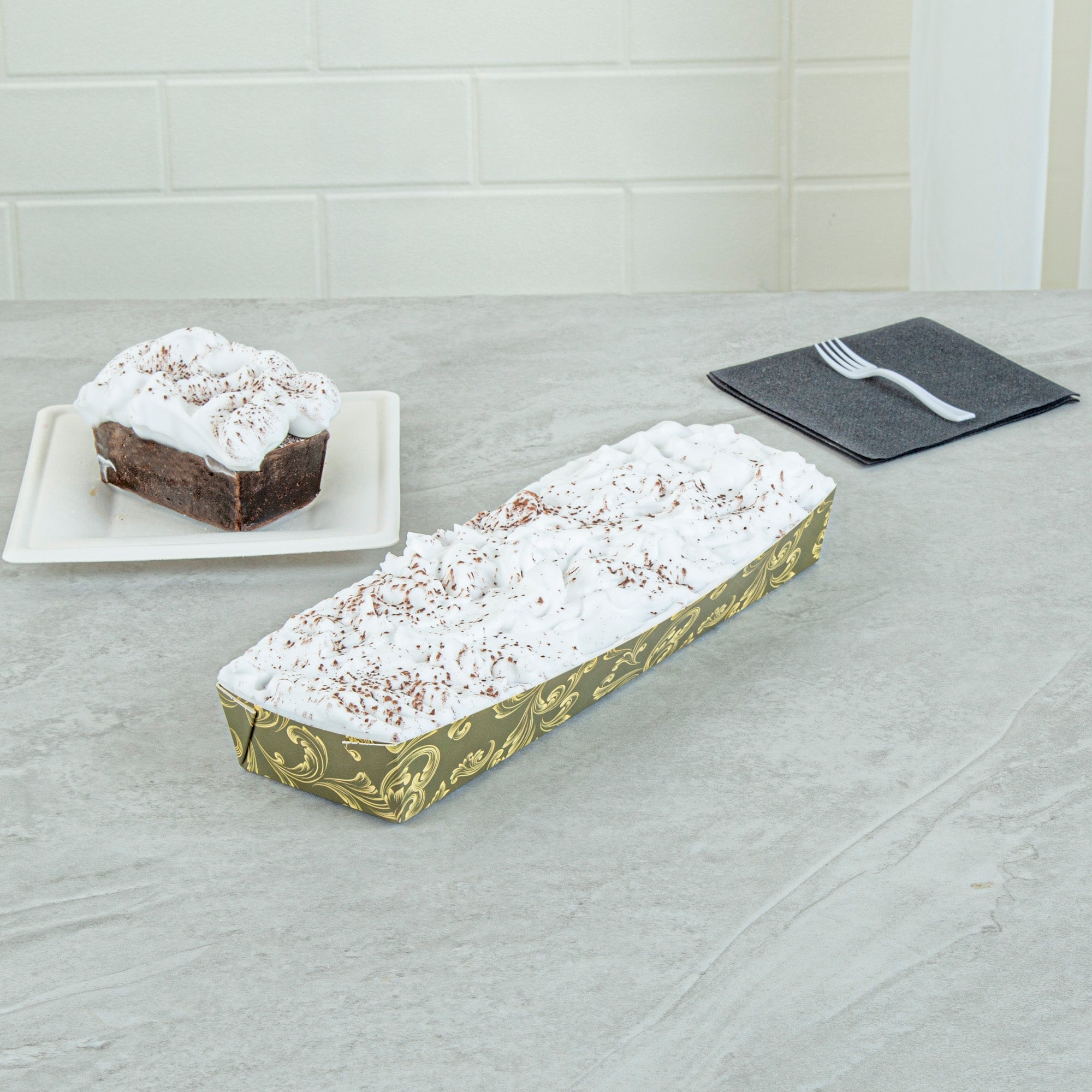 Bake Tek 13 oz Dark Green Vintage Floral Paper Baking Tray - Greaseproof - 10 3/4" x 3 1/4" x 1 1/2" - 100 count box