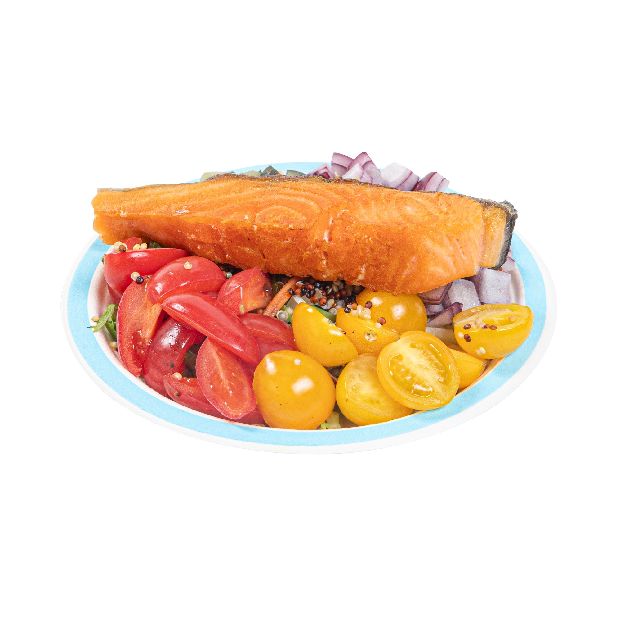 Pulp Safe No PFAS Added Round White Sugarcane / Bagasse Plate - Home Compostable, with Blue Rim - 6" x 6" - 100 count box