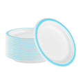 Pulp Safe No PFAS Added Round White Sugarcane / Bagasse Plate - Home Compostable, with Blue Rim - 6" x 6" - 100 count box