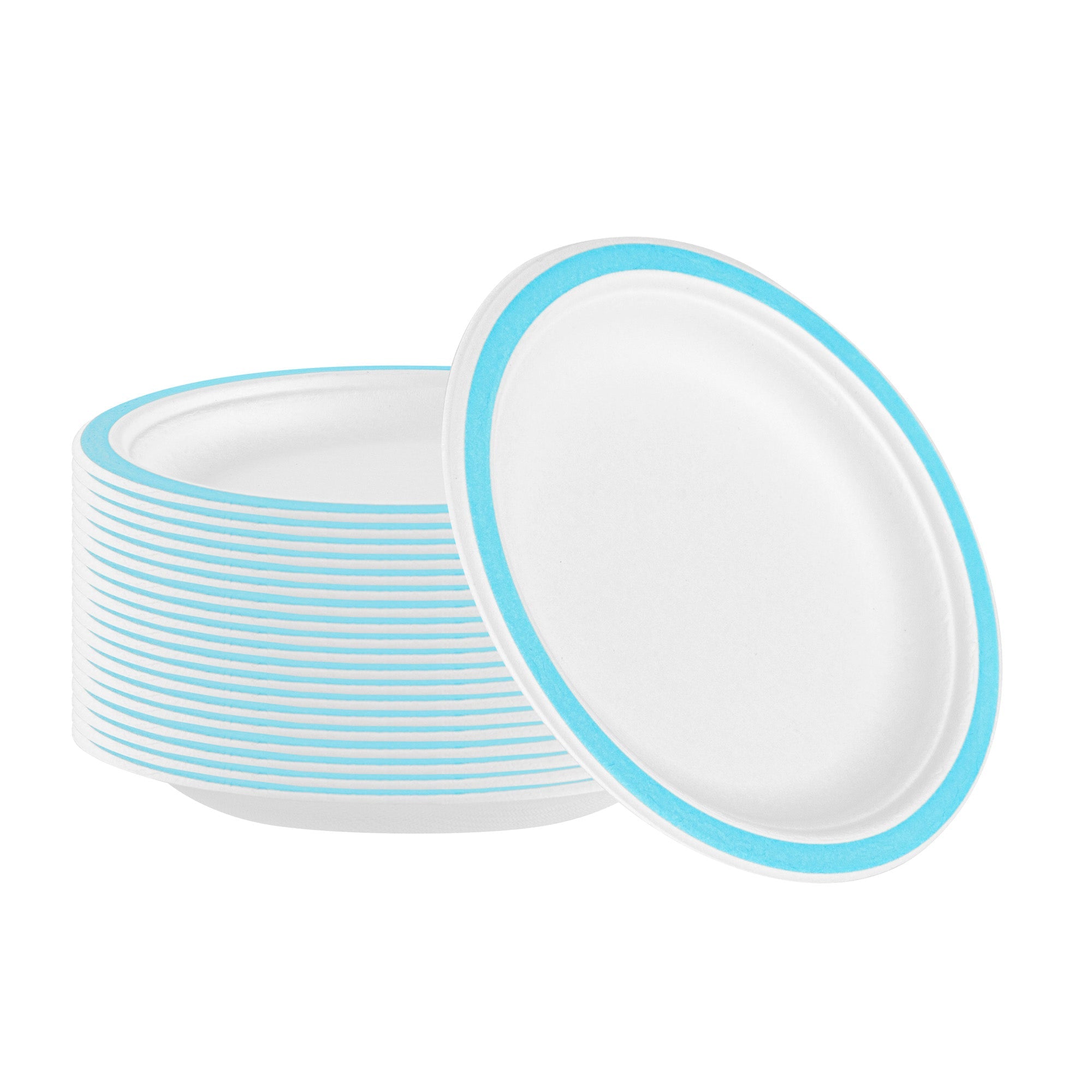 Pulp Safe No PFAS Added Round White Sugarcane / Bagasse Plate - Home Compostable, with Blue Rim - 6" x 6" - 100 count box