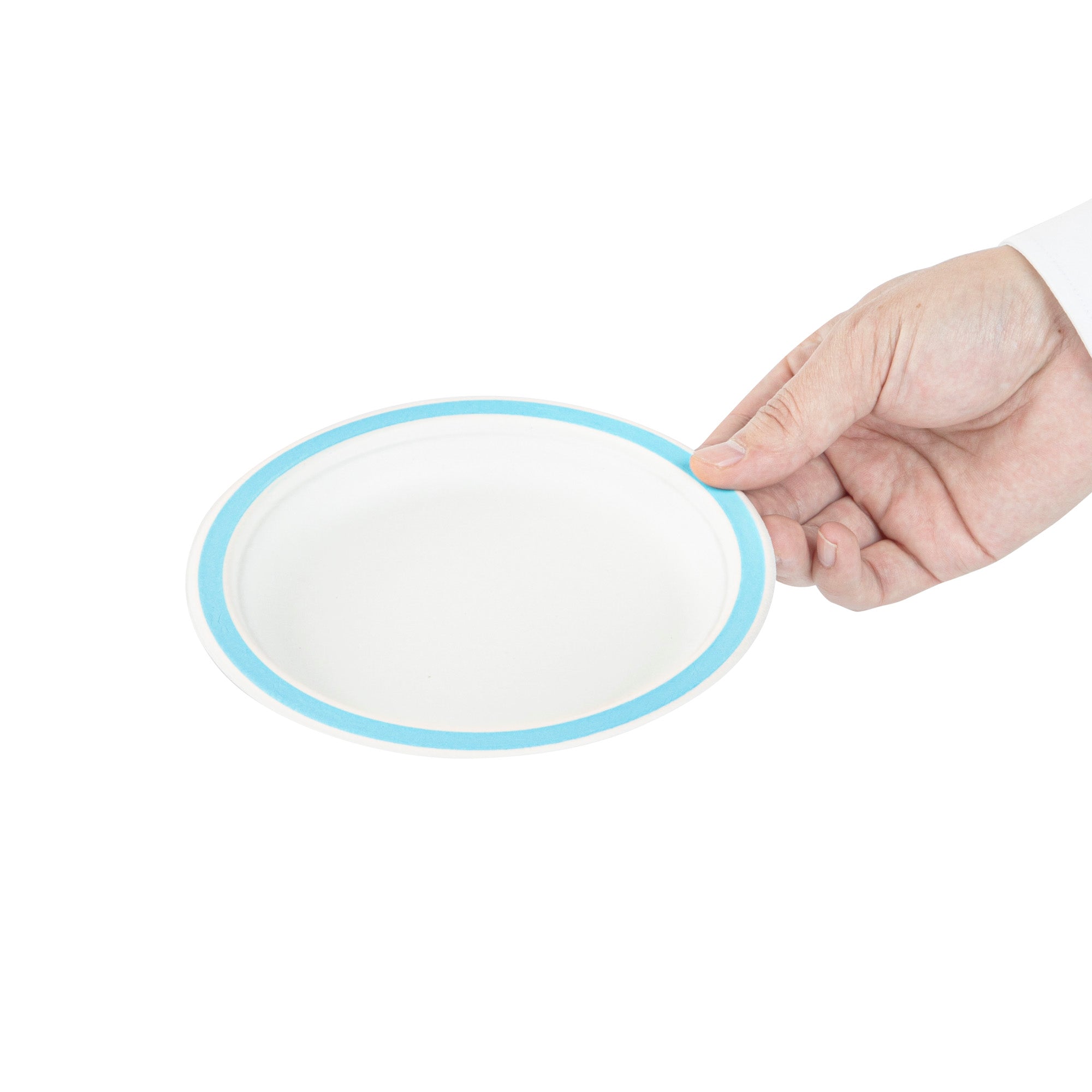 Pulp Safe No PFAS Added Round White Sugarcane / Bagasse Plate - Home Compostable, with Blue Rim - 6" x 6" - 100 count box