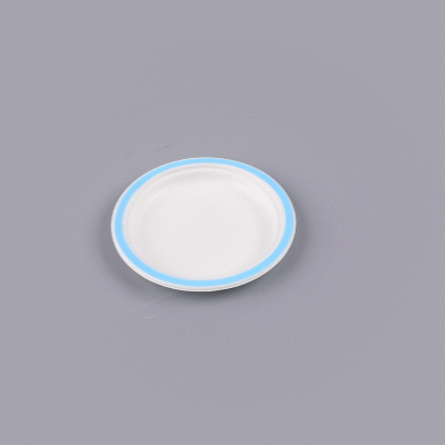 Pulp Safe No PFAS Added Round White Sugarcane / Bagasse Plate - Home Compostable, with Blue Rim - 6" x 6" - 100 count box