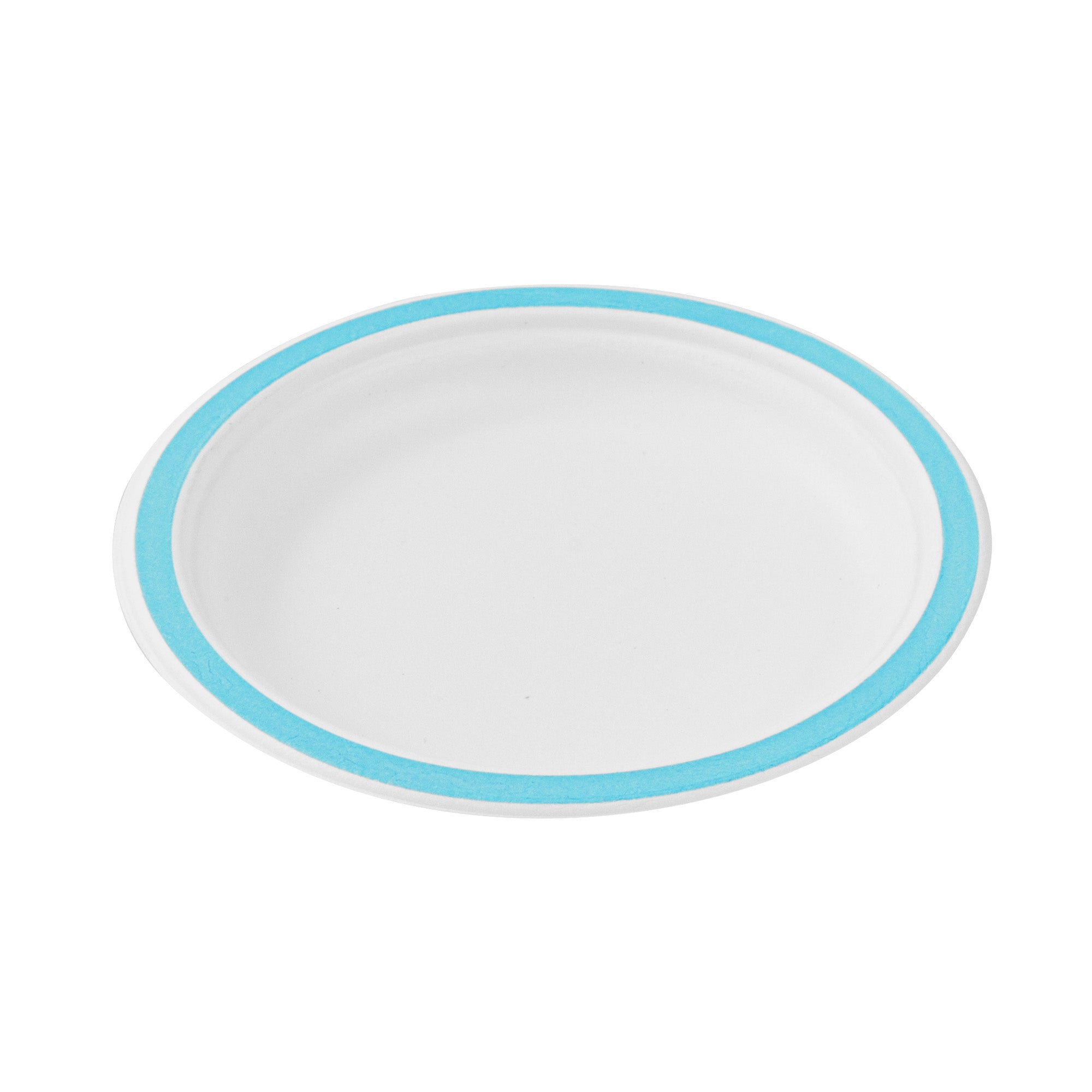 Pulp Safe No PFAS Added Round White Sugarcane / Bagasse Plate - Home Compostable, with Blue Rim - 6" x 6" - 100 count box