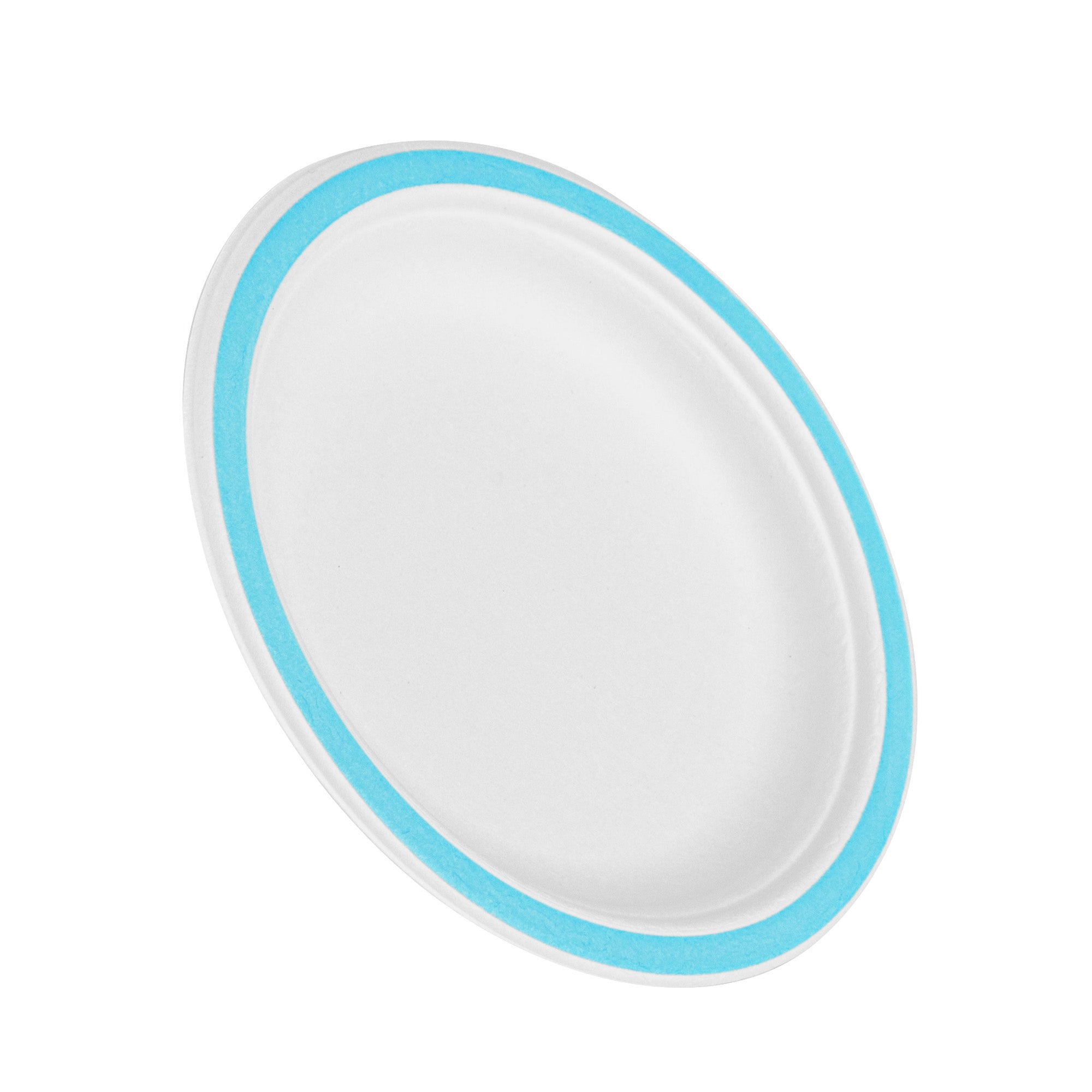 Pulp Safe No PFAS Added Round White Sugarcane / Bagasse Plate - Home Compostable, with Blue Rim - 6" x 6" - 100 count box