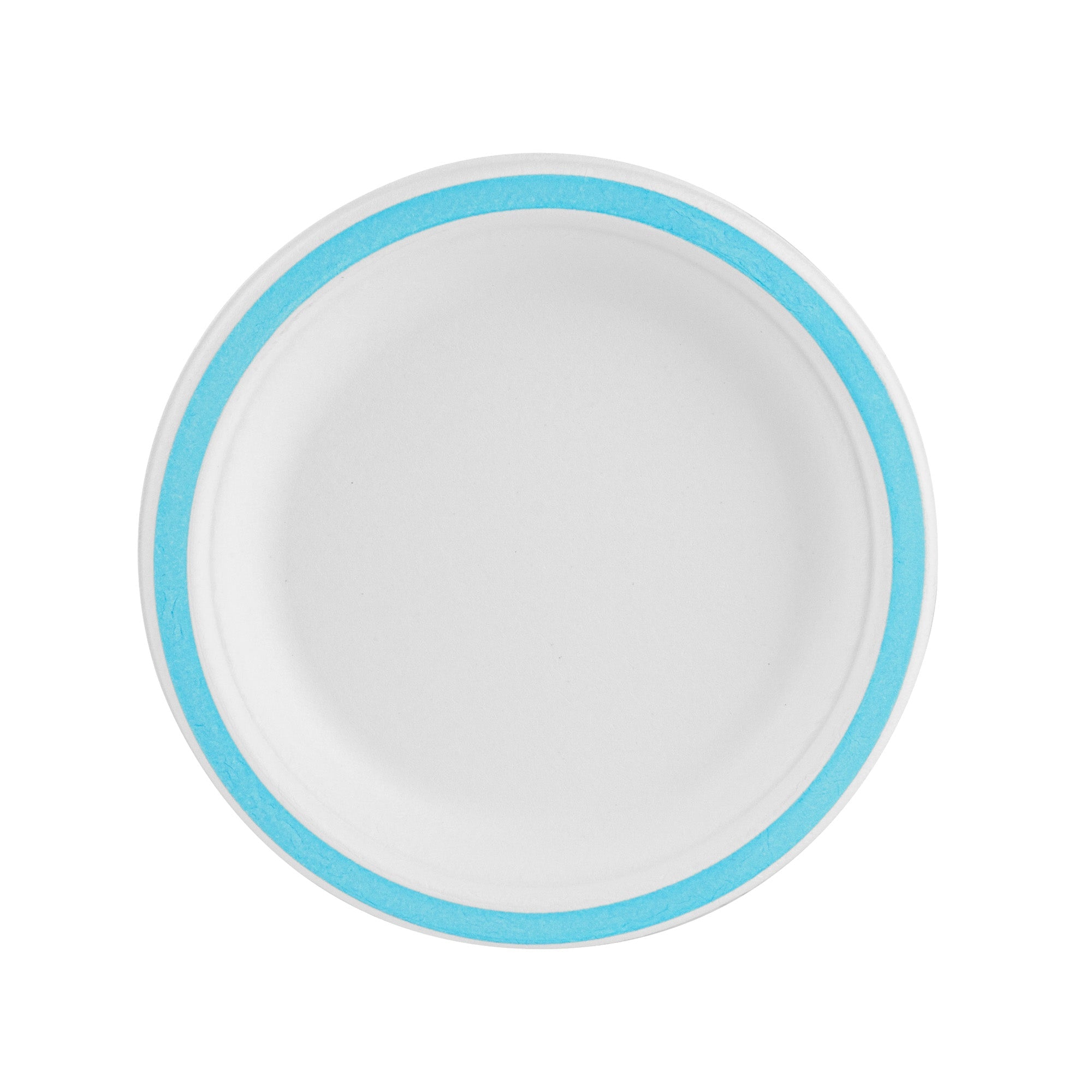 Pulp Safe No PFAS Added Round White Sugarcane / Bagasse Plate - Home Compostable, with Blue Rim - 6" x 6" - 100 count box