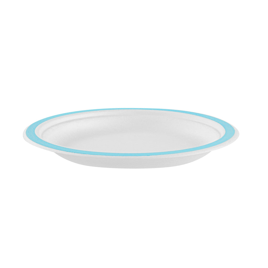 Pulp Safe No PFAS Added Round White Sugarcane / Bagasse Plate - Home Compostable, with Blue Rim - 6" x 6" - 100 count box