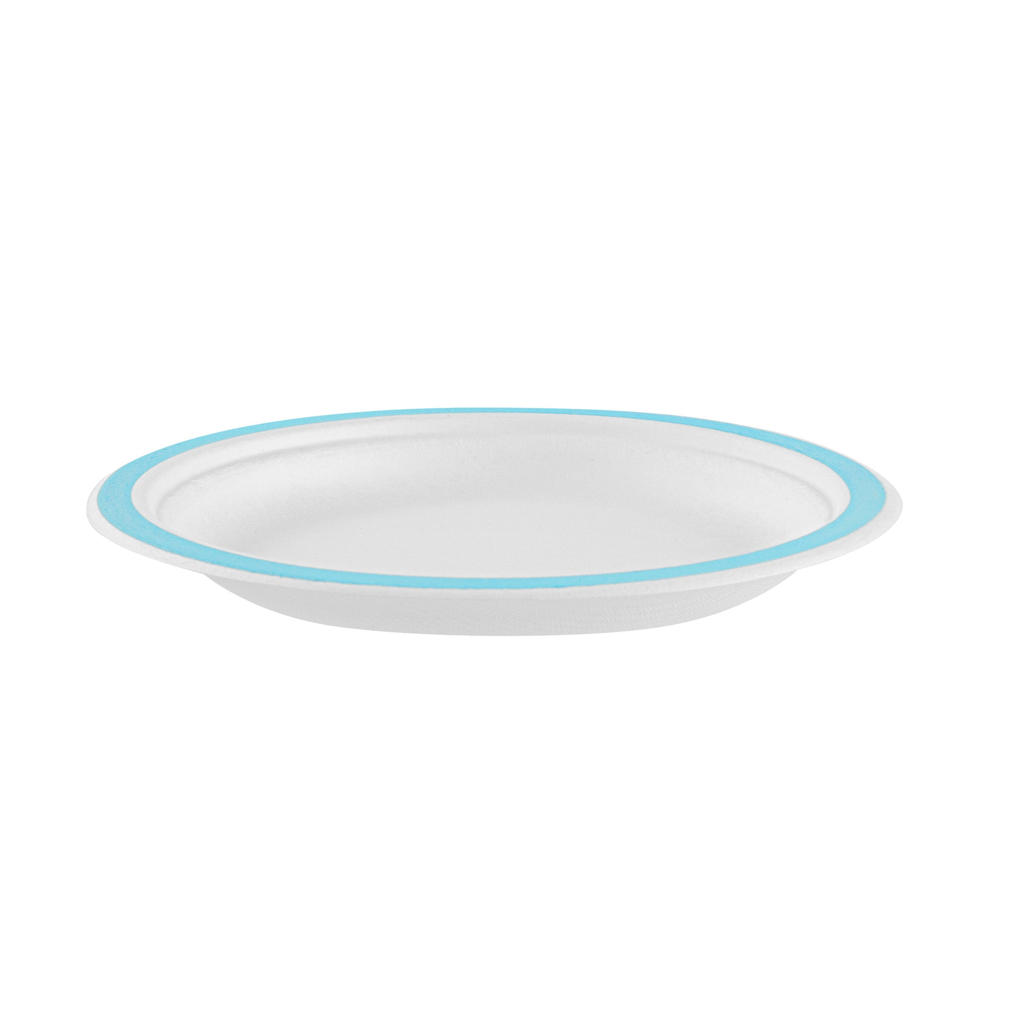 Pulp Safe No PFAS Added Round White Sugarcane / Bagasse Plate - Home Compostable, with Blue Rim - 6" x 6" - 100 count box
