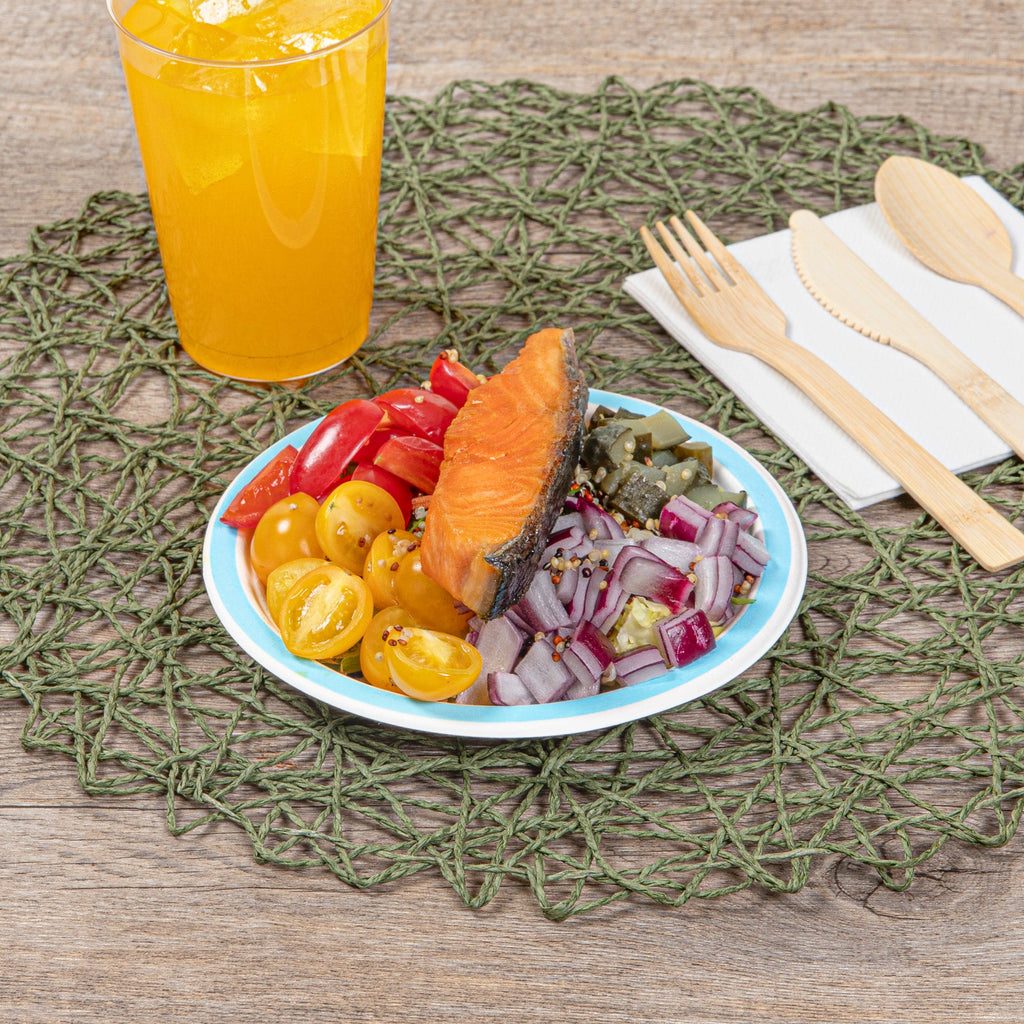 Pulp Safe No PFAS Added Round White Sugarcane / Bagasse Plate - Home Compostable, with Blue Rim - 6" x 6" - 100 count box
