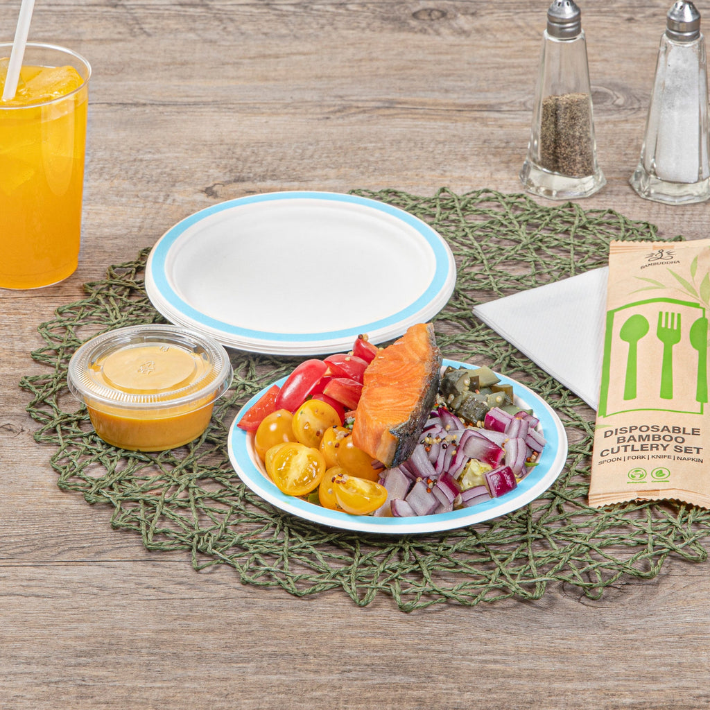 Pulp Safe No PFAS Added Round White Sugarcane / Bagasse Plate - Home Compostable, with Blue Rim - 6" x 6" - 100 count box