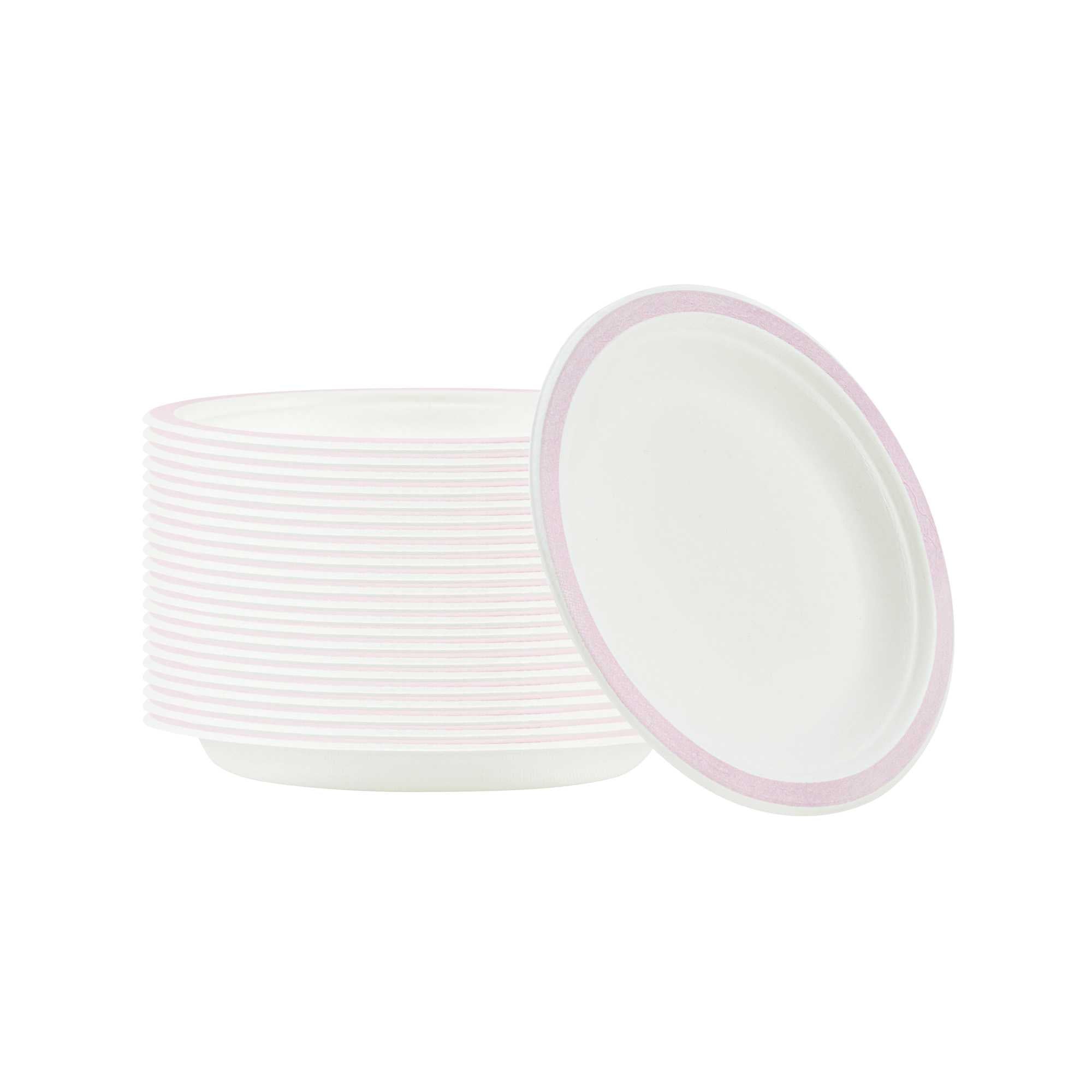 Pulp Safe No PFAS Added Round White Sugarcane / Bagasse Plate - Home Compostable, with Pink Rim - 6" x 6" - 100 count box