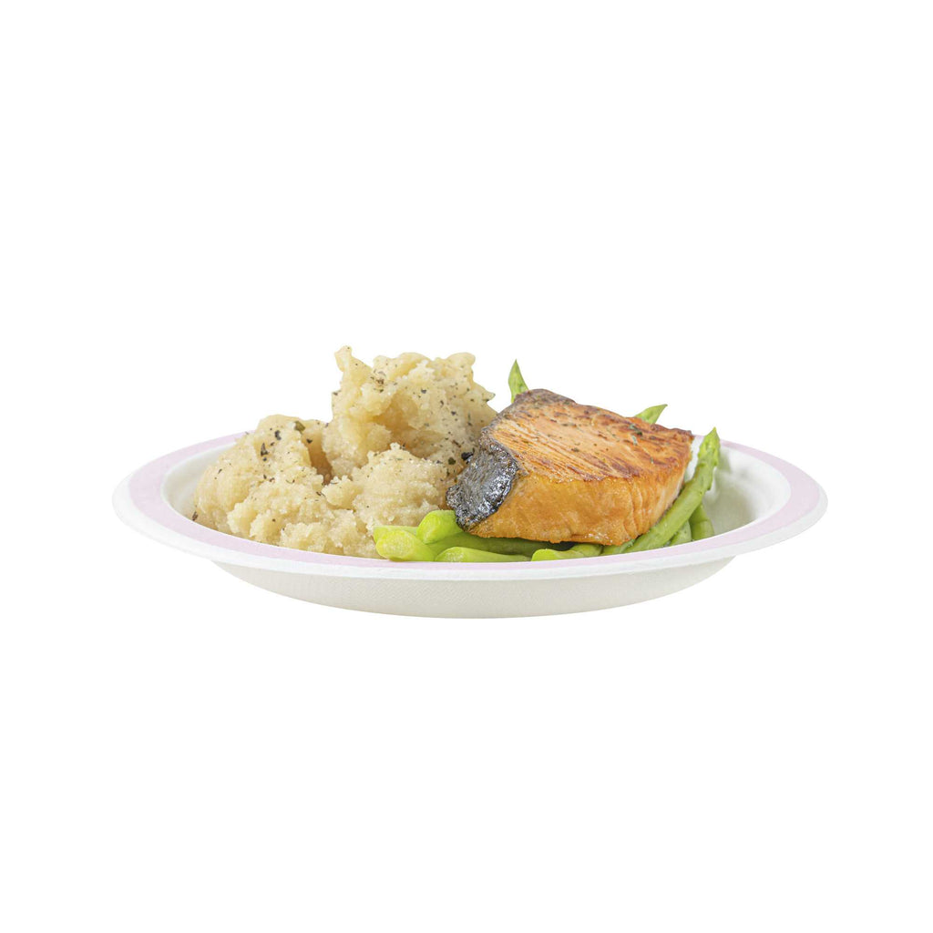 Pulp Safe No PFAS Added Round White Sugarcane / Bagasse Plate - Home Compostable, with Pink Rim - 6" x 6" - 100 count box