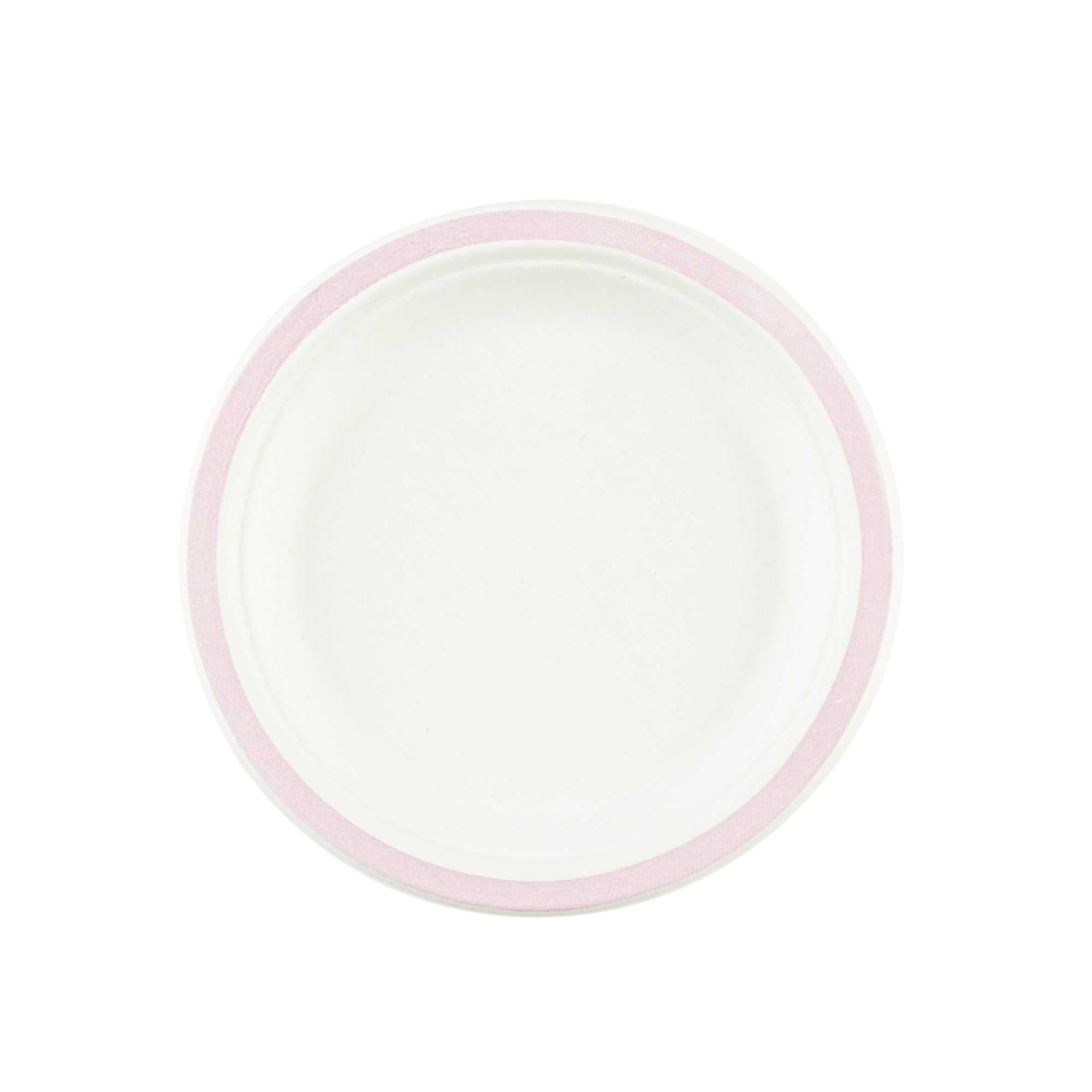 Pulp Safe No PFAS Added Round White Sugarcane / Bagasse Plate - Home Compostable, with Pink Rim - 6" x 6" - 100 count box