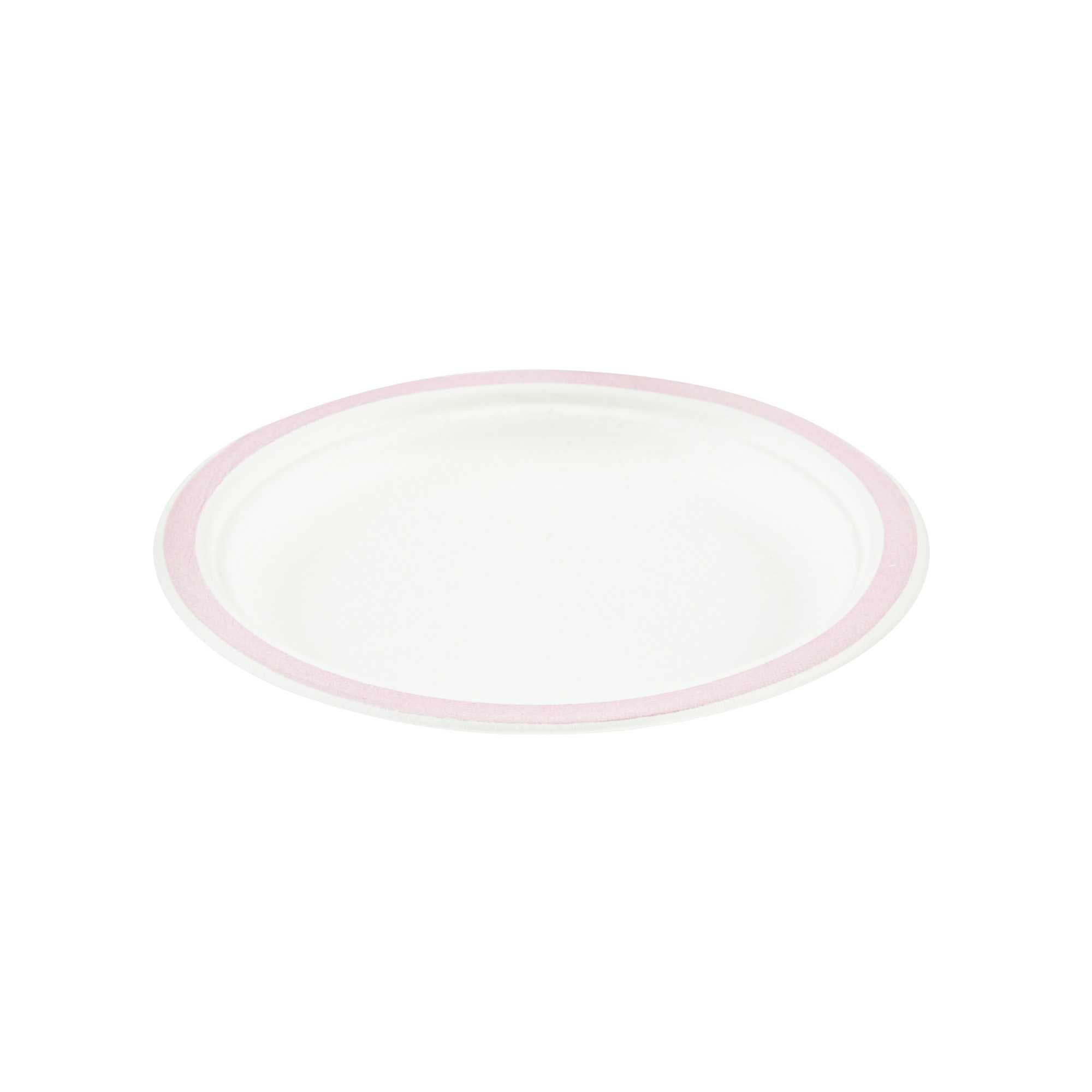 Pulp Safe No PFAS Added Round White Sugarcane / Bagasse Plate - Home Compostable, with Pink Rim - 6" x 6" - 100 count box