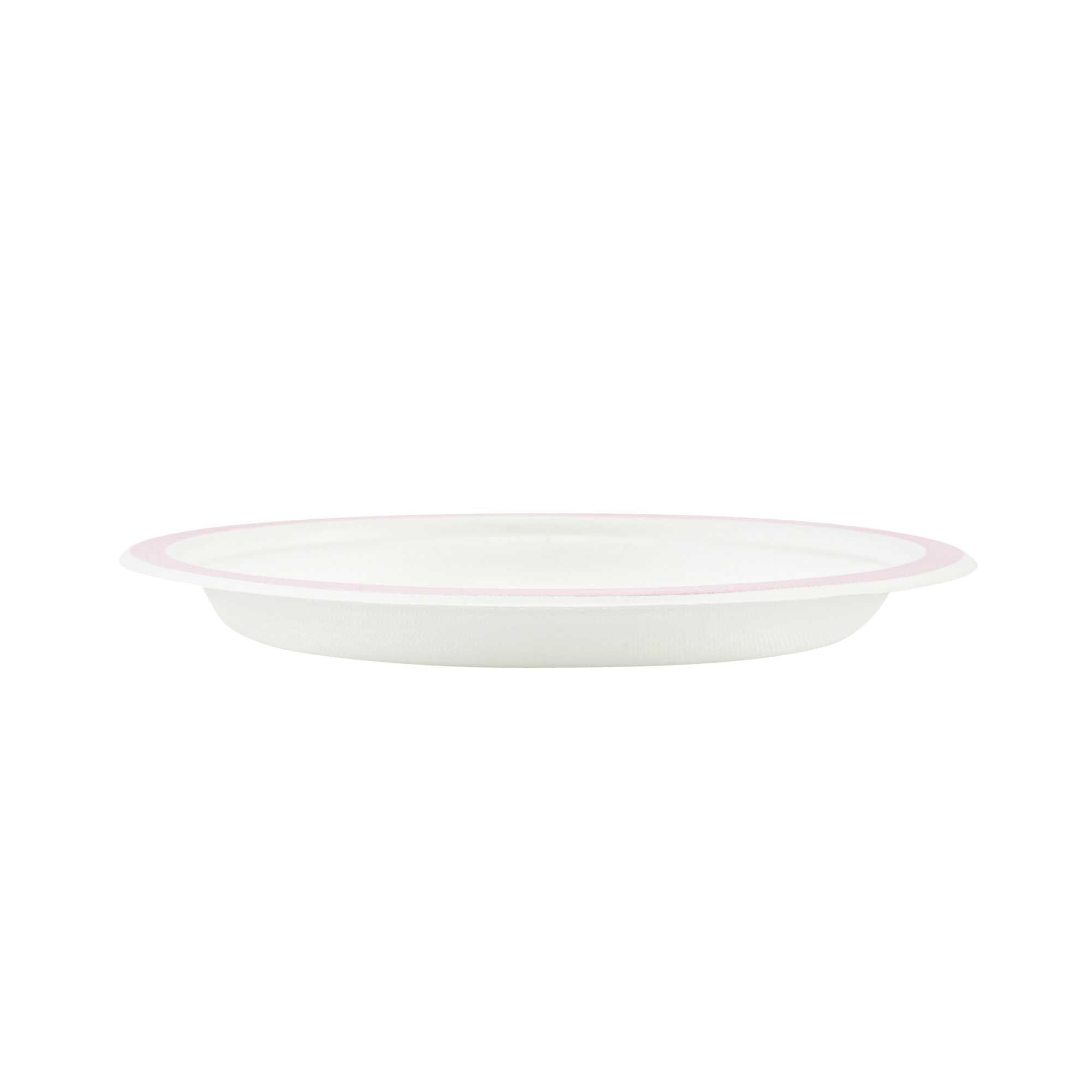 Pulp Safe No PFAS Added Round White Sugarcane / Bagasse Plate - Home Compostable, with Pink Rim - 6" x 6" - 100 count box