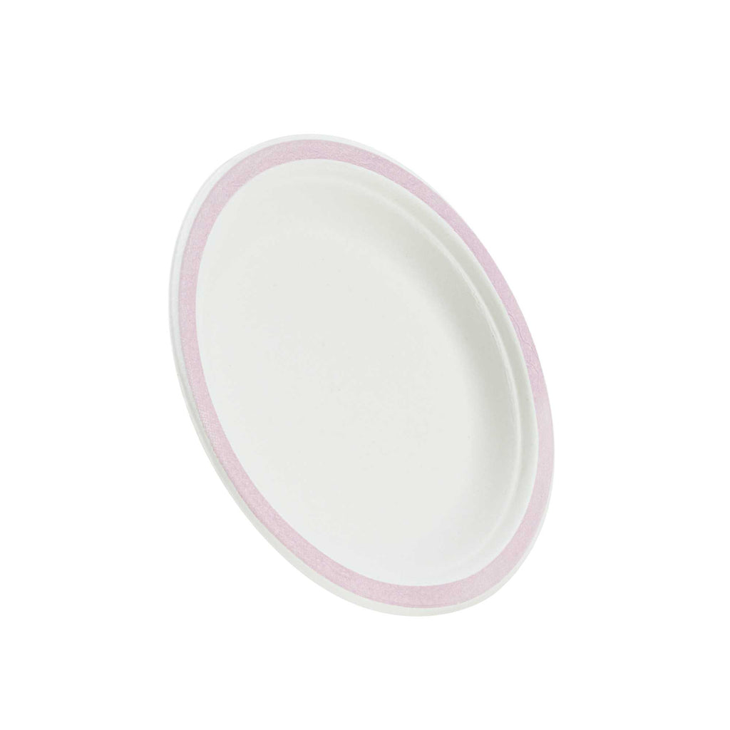 Pulp Safe No PFAS Added Round White Sugarcane / Bagasse Plate - Home Compostable, with Pink Rim - 6" x 6" - 100 count box